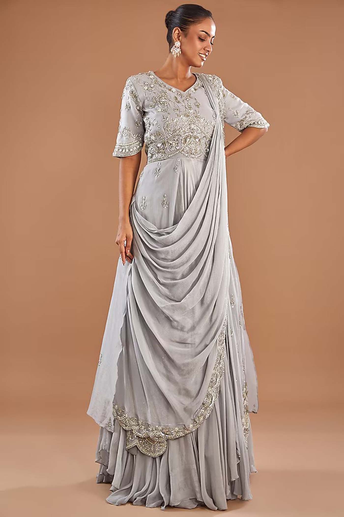 Grey Full Heavy Embroidered Draped Gown with Attcehed Belt