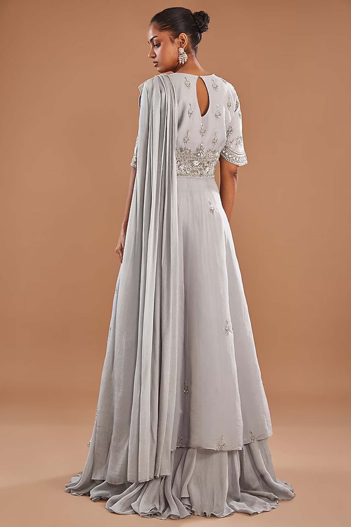 Grey Full Heavy Embroidered Draped Gown with Attcehed Belt