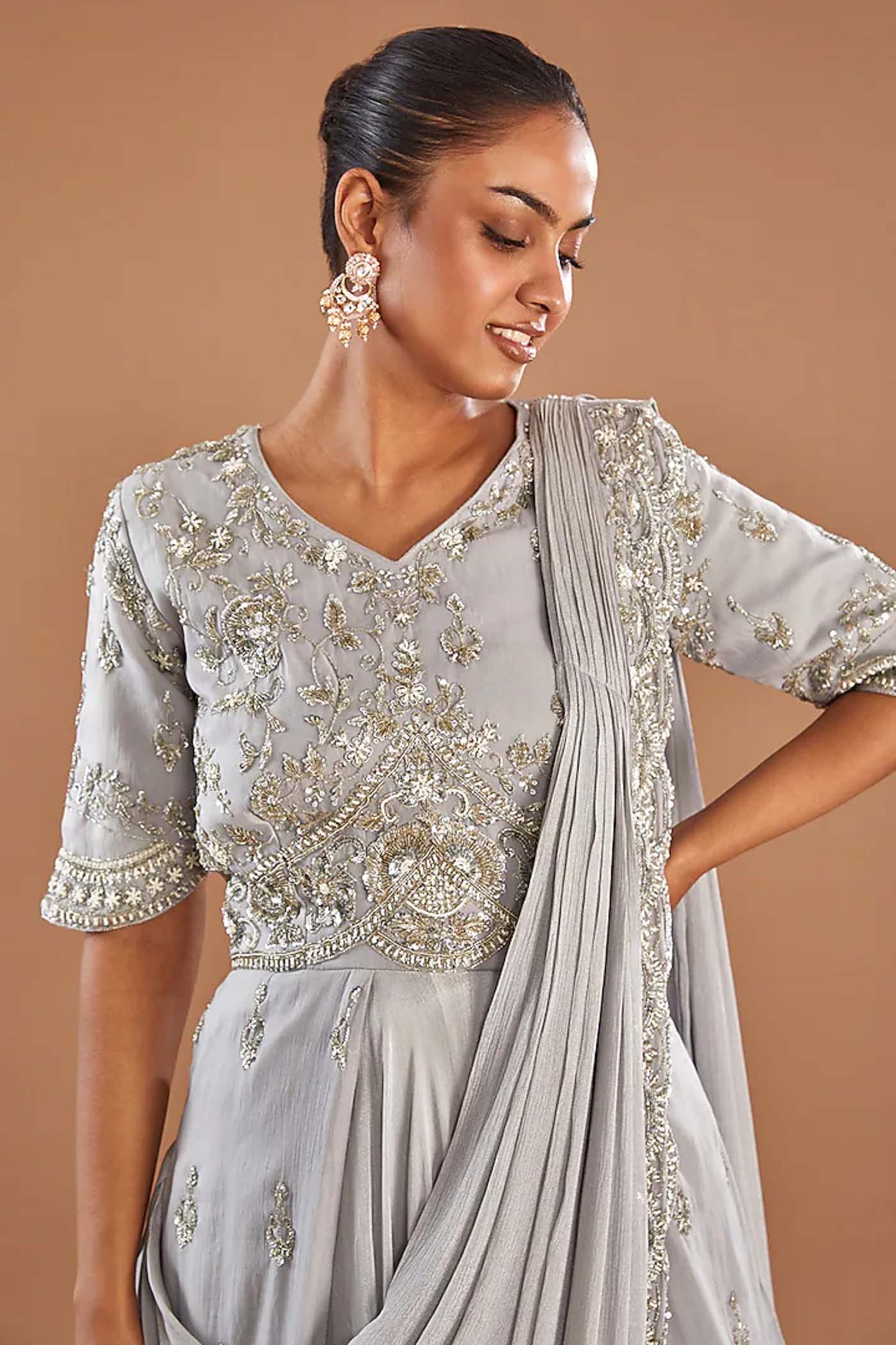 Grey Full Heavy Embroidered Draped Gown with Attcehed Belt