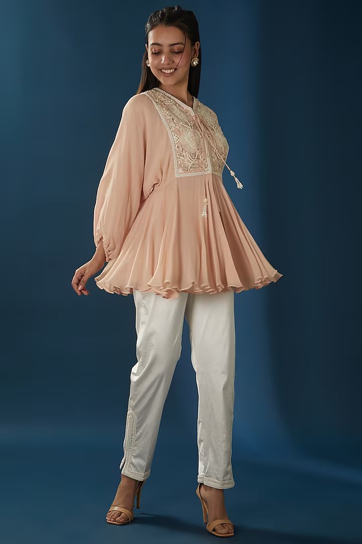 Peach Peplum Top With Trouser Pants.