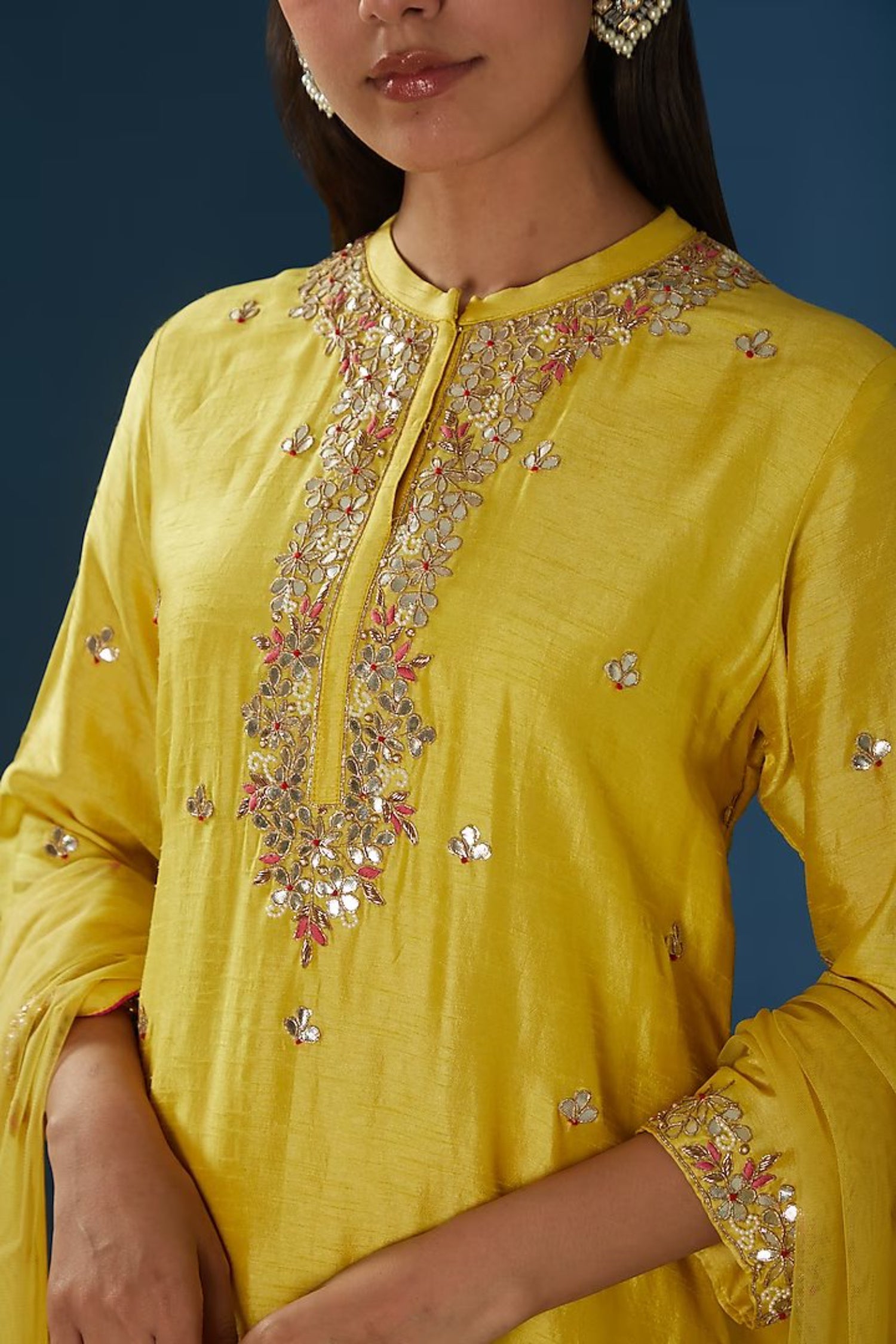 Yellow Embroidered Straight Kurta Comes With A Sharara And Dupatta.