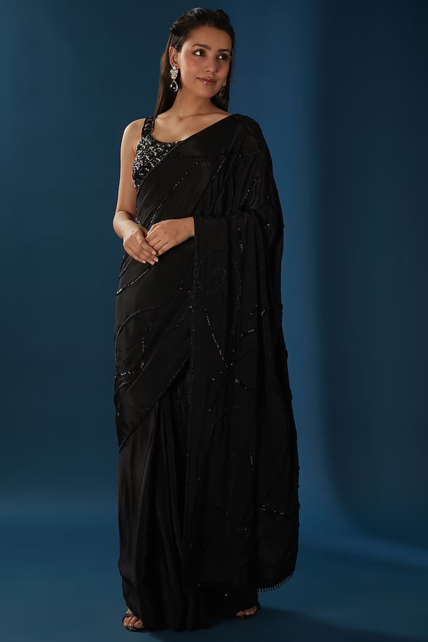 Black Heavy Drape Saree Set