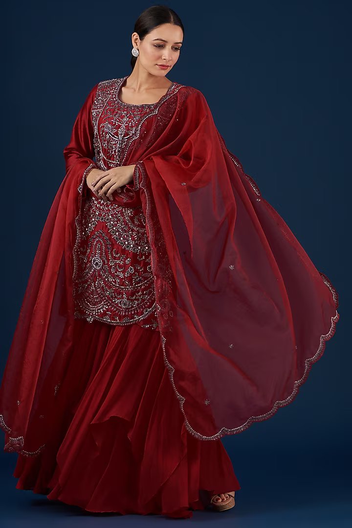 Red Heavy Antique Work On Shirt With Layered Sharara Set.