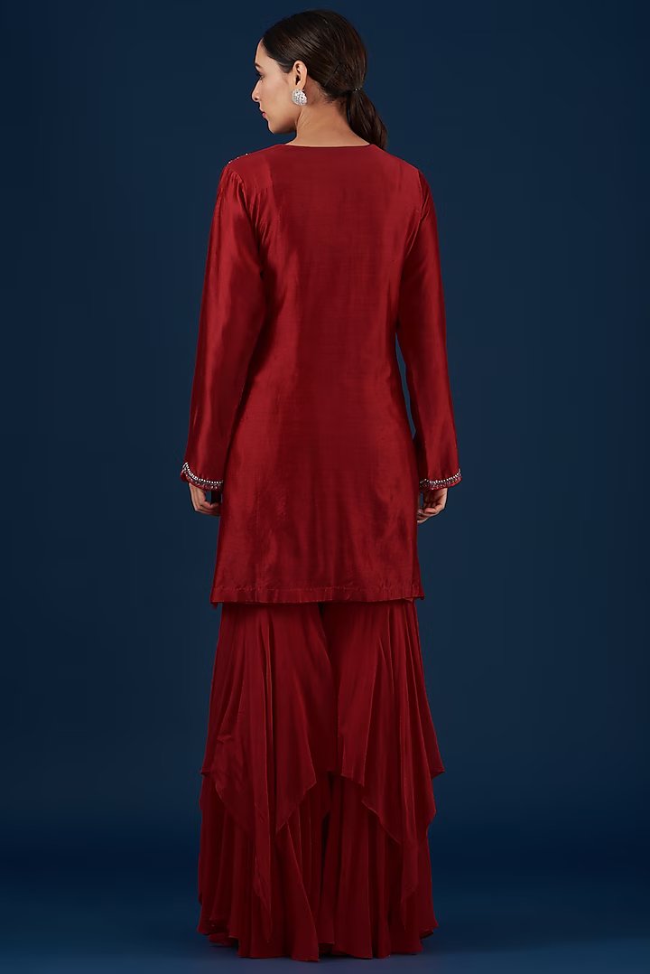 Red Heavy Antique Work On Shirt With Layered Sharara Set.