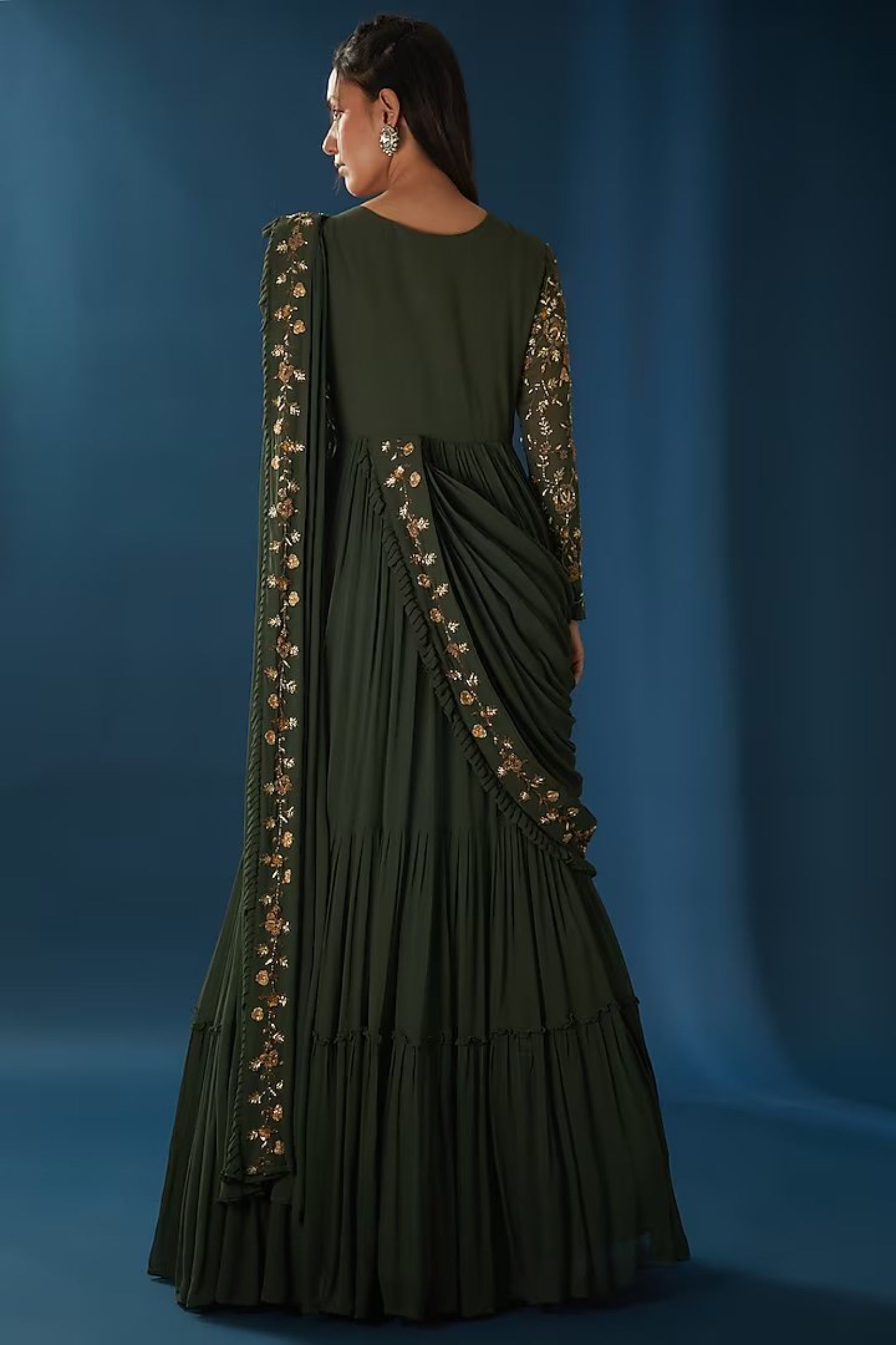 Mehandi Green Draped Gown Saree.