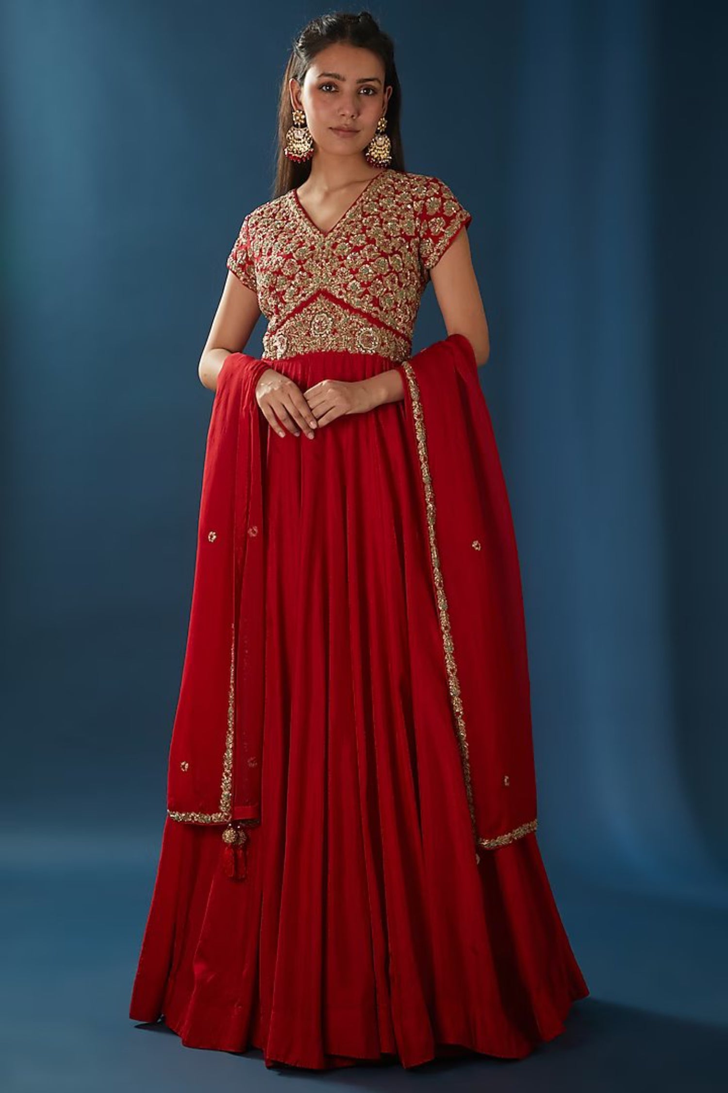 Red Anarkali With Organza Dupatta.