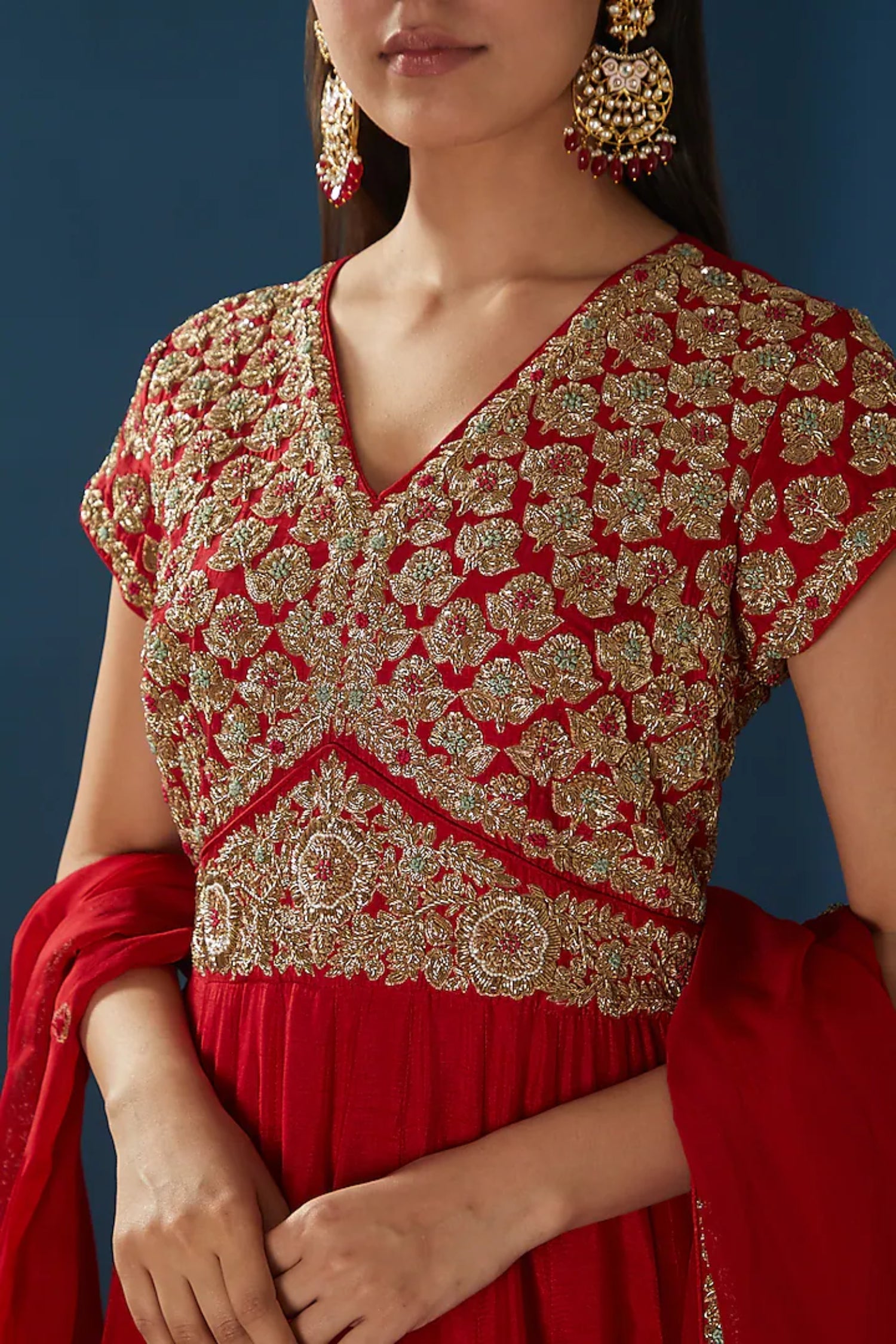 Red Anarkali With Organza Dupatta.