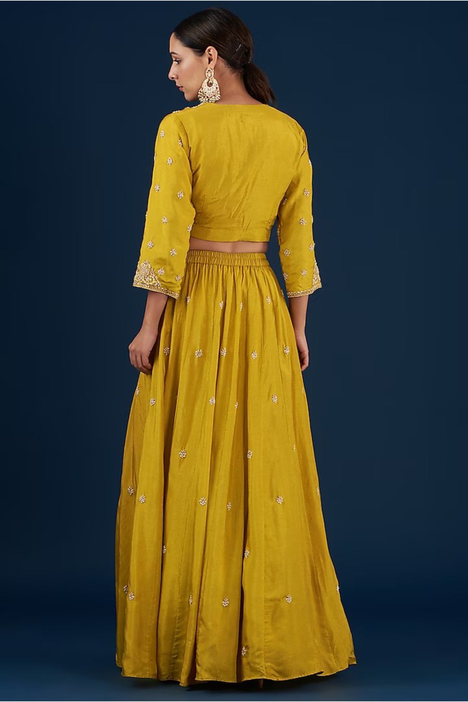 Mustard Crop Top With Lehenga And Dupatta Belt Set.