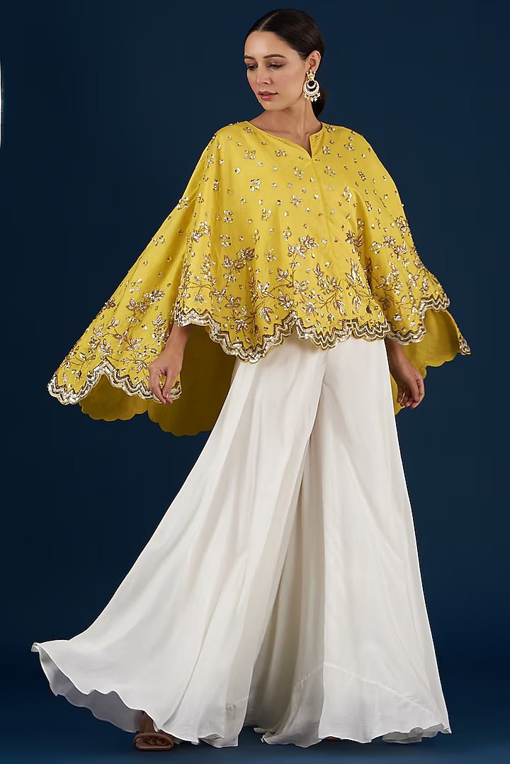 Lemon Yellow High Low Cape And White Palazo With Seuins And Zardosi