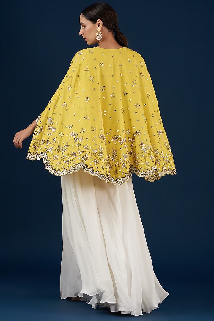 Lemon Yellow High Low Cape And White Palazo With Seuins And Zardosi