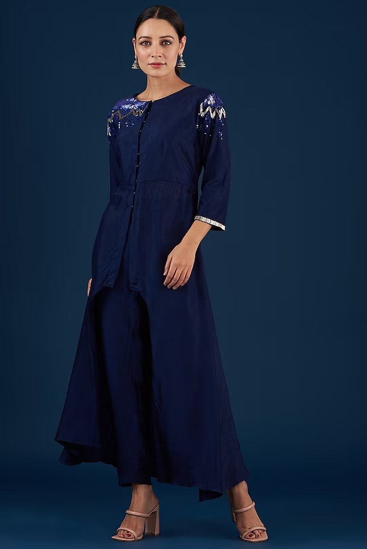 Blue Asymmetrical Kurta Pant Set