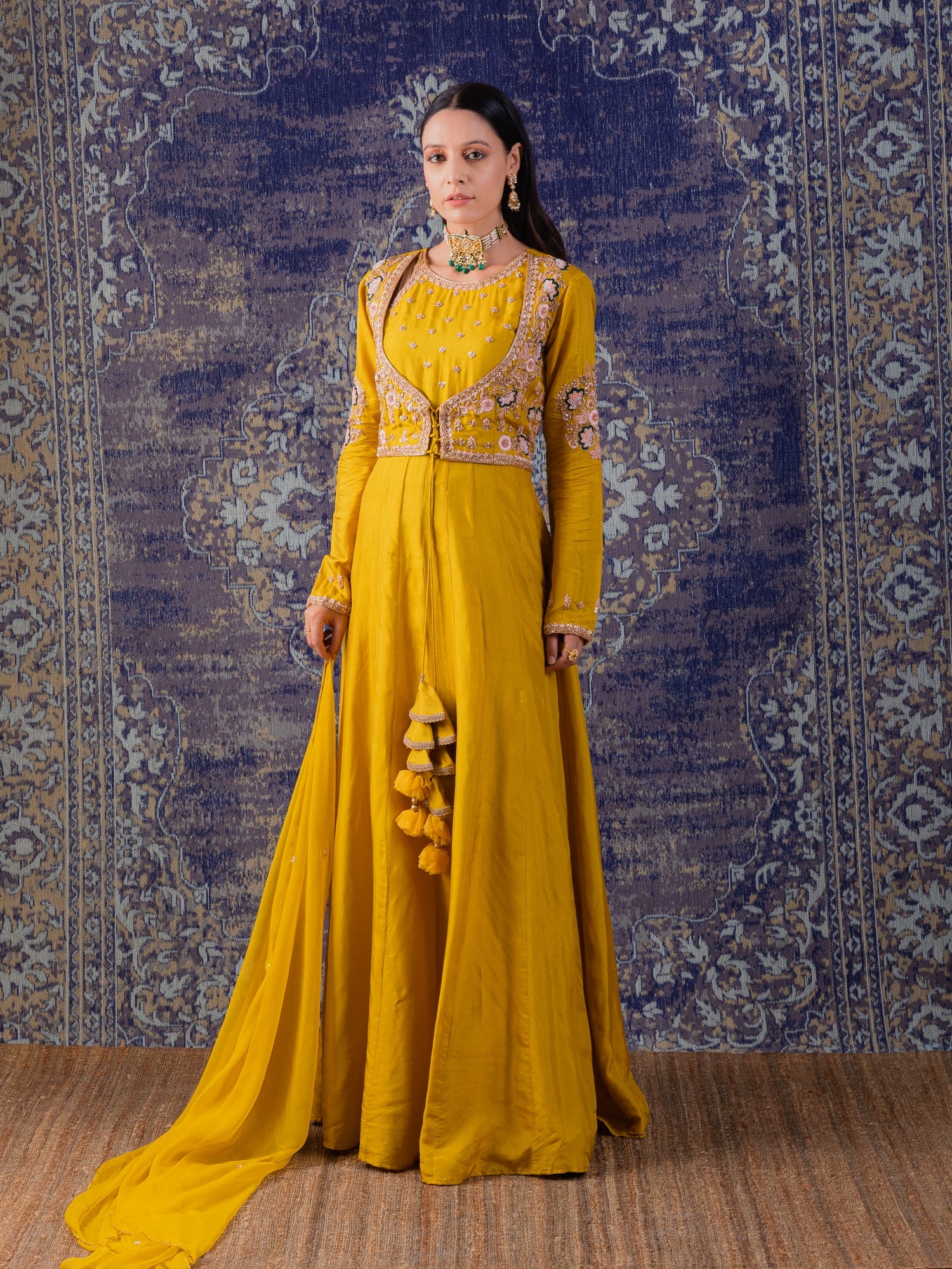 Mustard Yellow Anarkali With Paired An Embellished Dupatta.