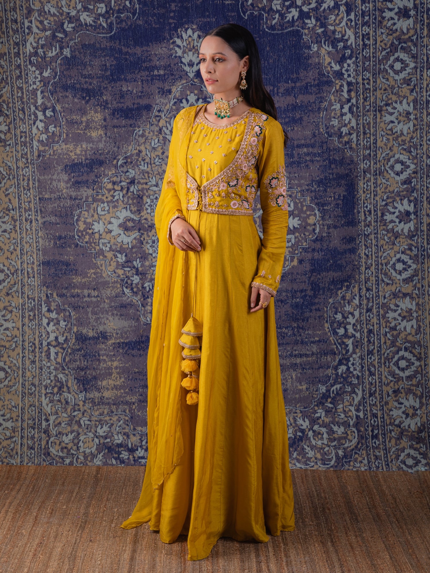 Mustard Yellow Anarkali With Paired An Embellished Dupatta.