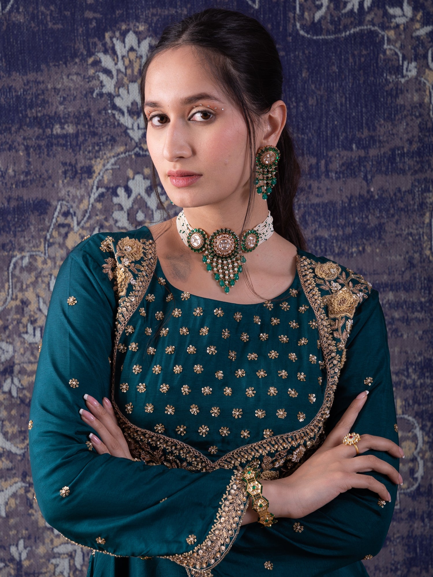 Rama Green Peplum Top With A Flared Palazzo And Embellished Dupatta.