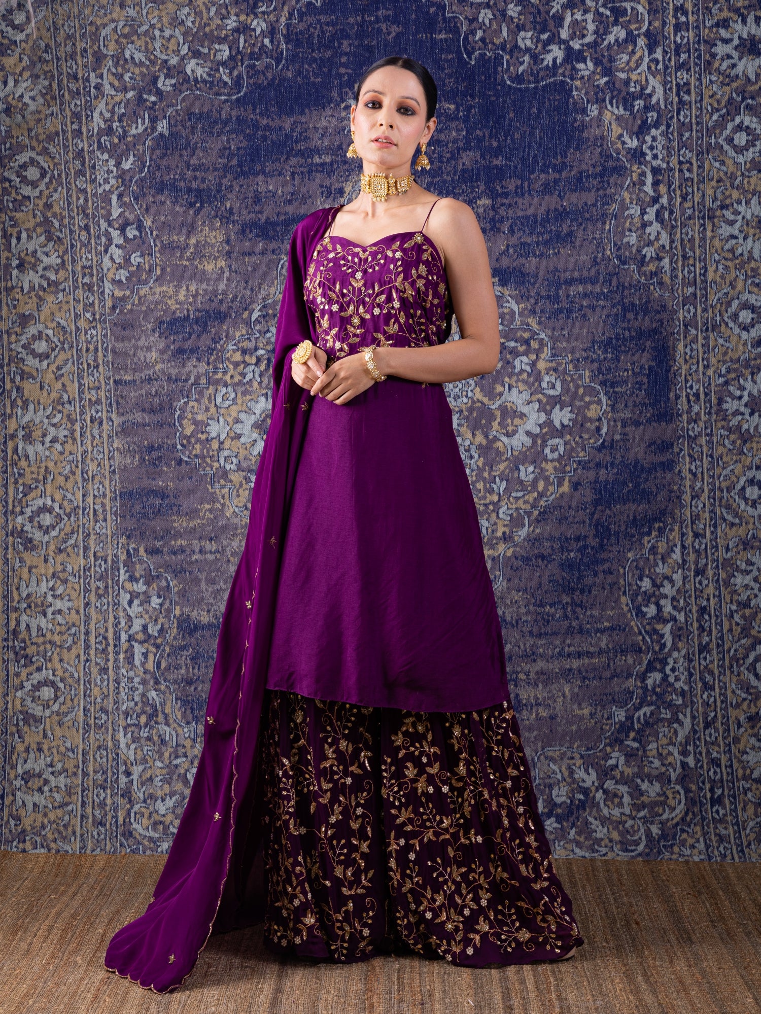 Purple Short Kurta With Noodle  Straps Sharara Set