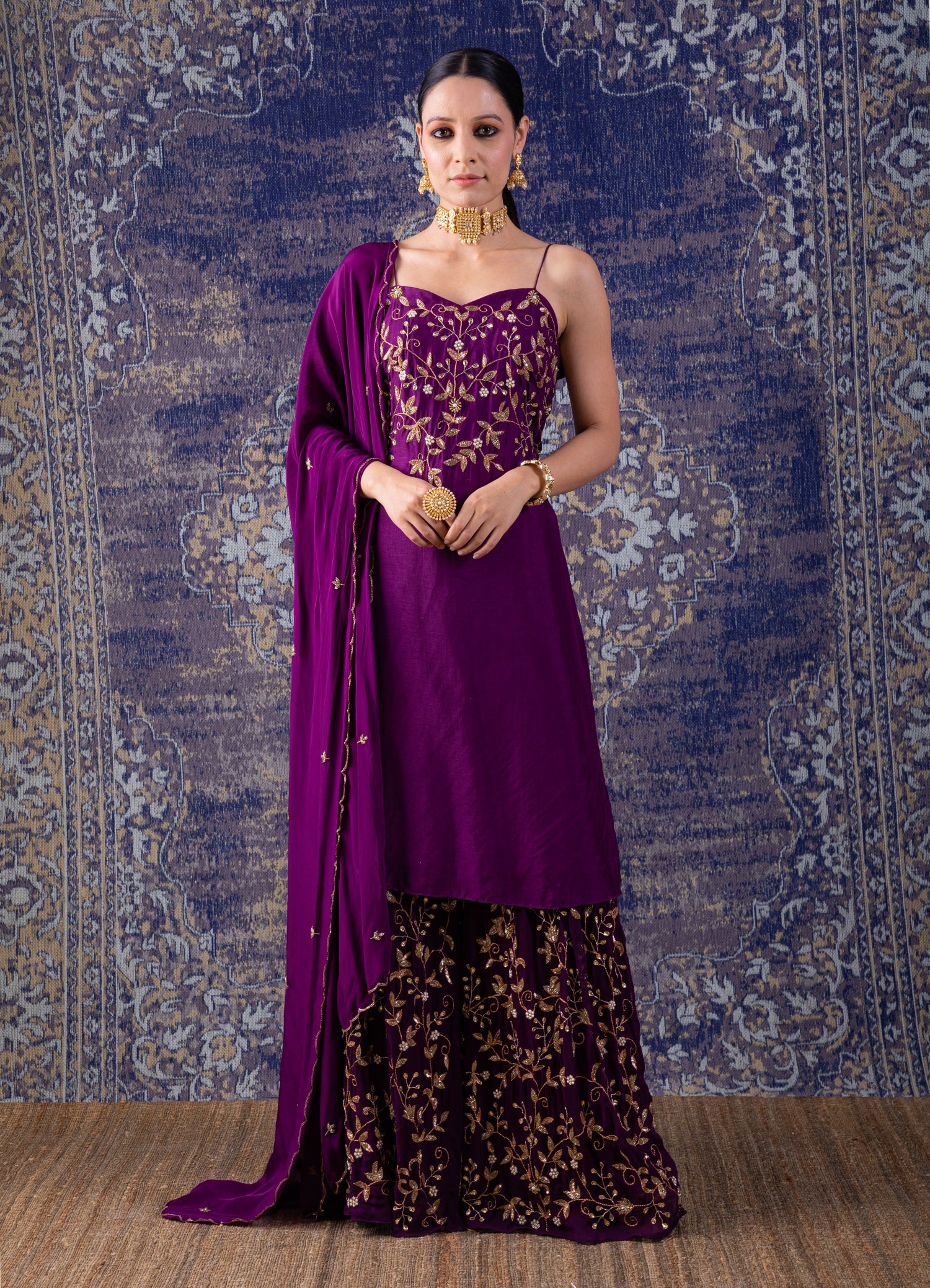 Purple Short Kurta With Noodle  Straps Sharara Set