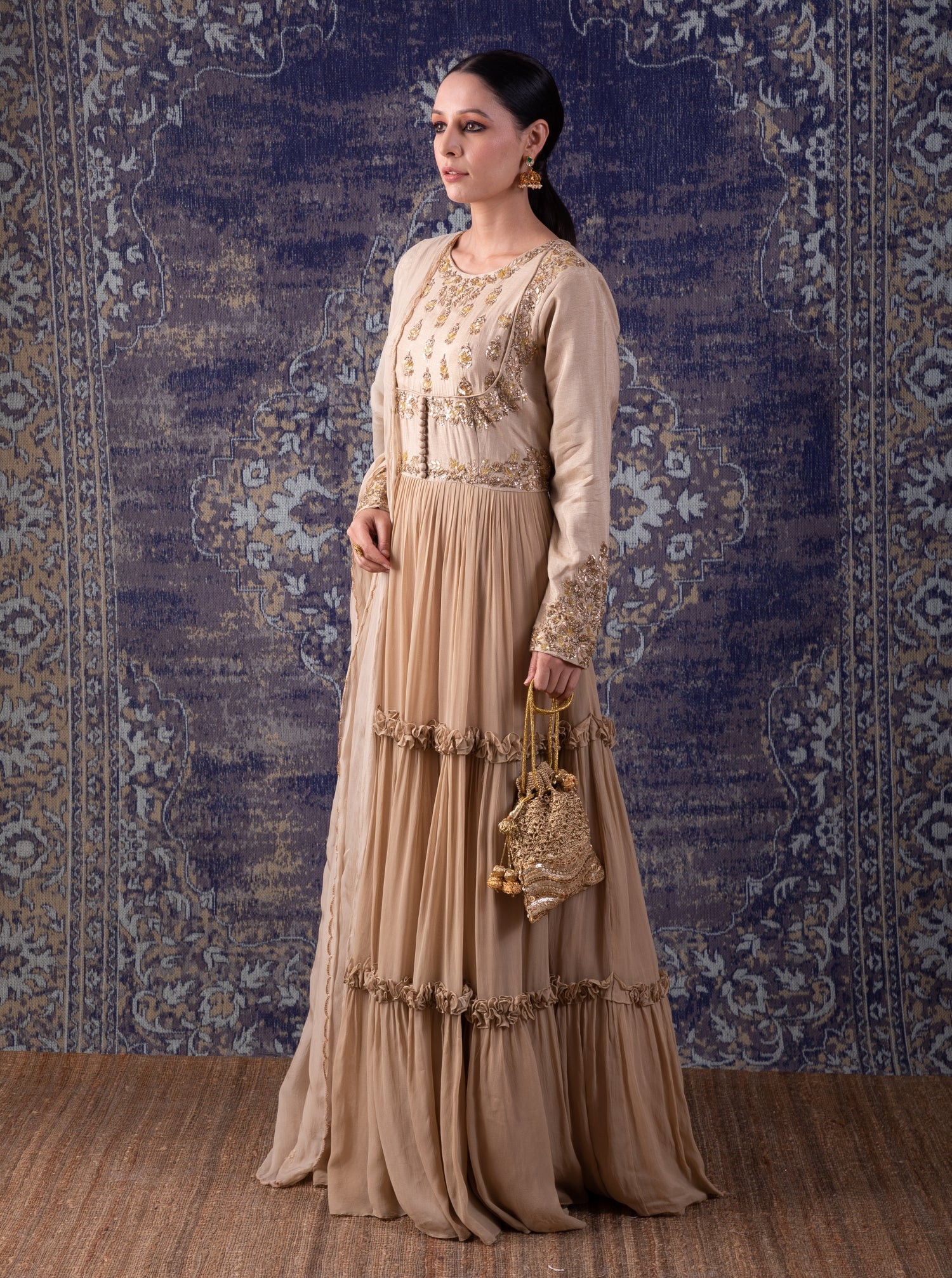 Beige Tiered Anarkali With Dupatta.