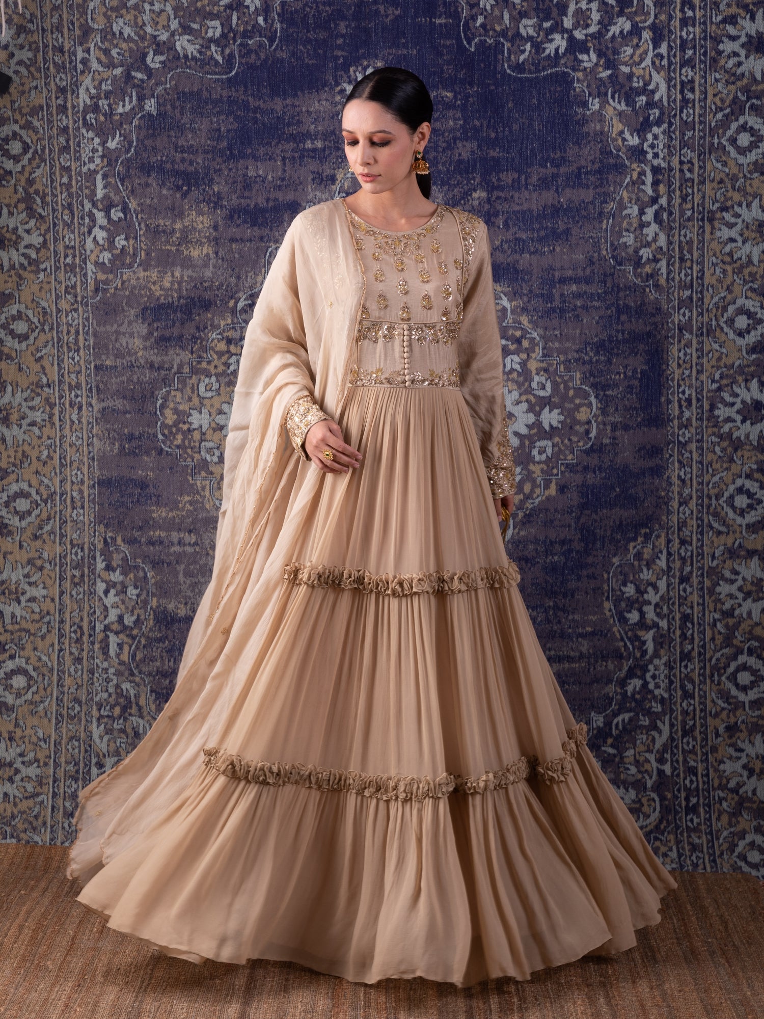 Beige Tiered Anarkali With Dupatta.