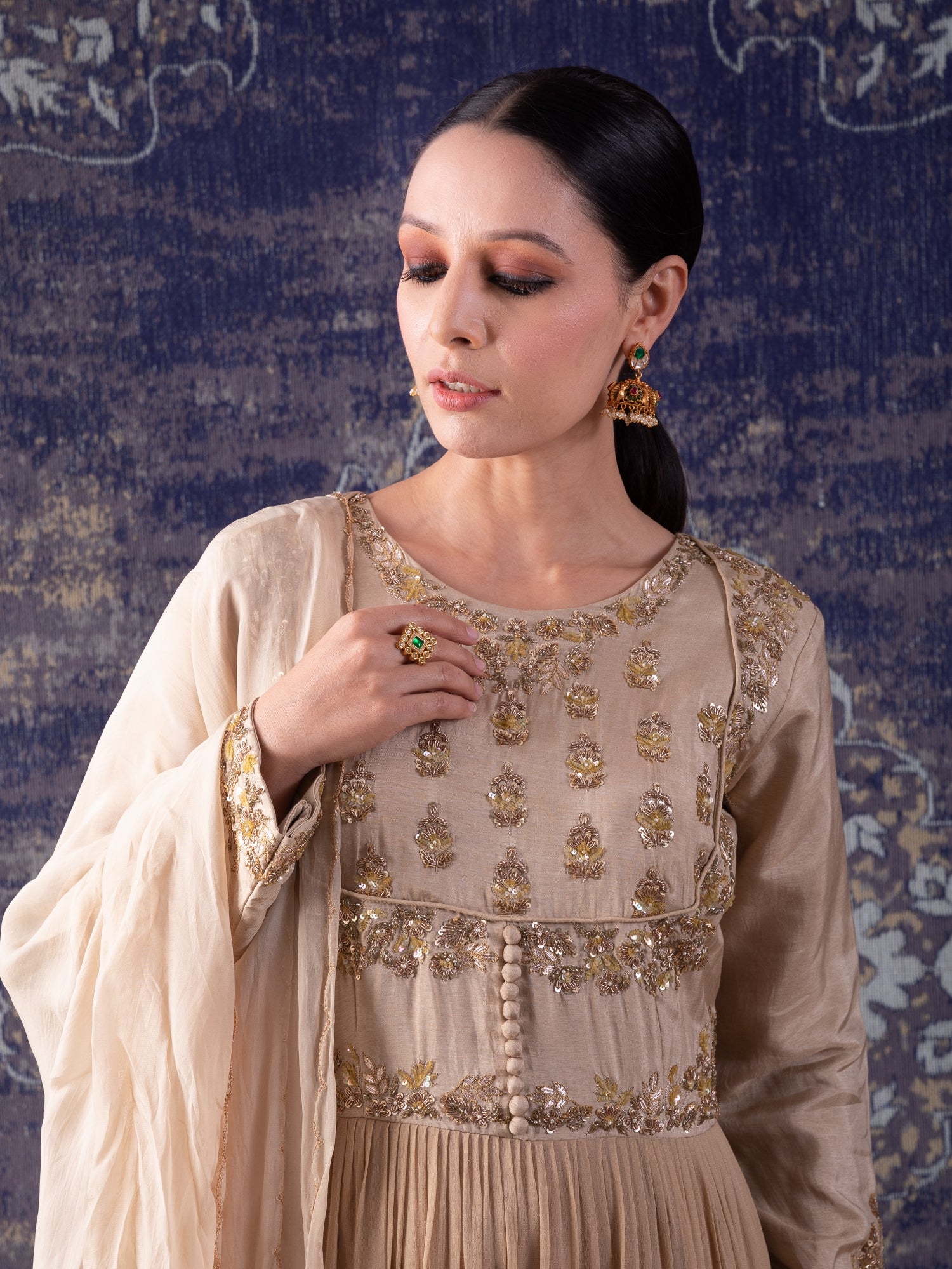 Beige Tiered Anarkali With Dupatta.