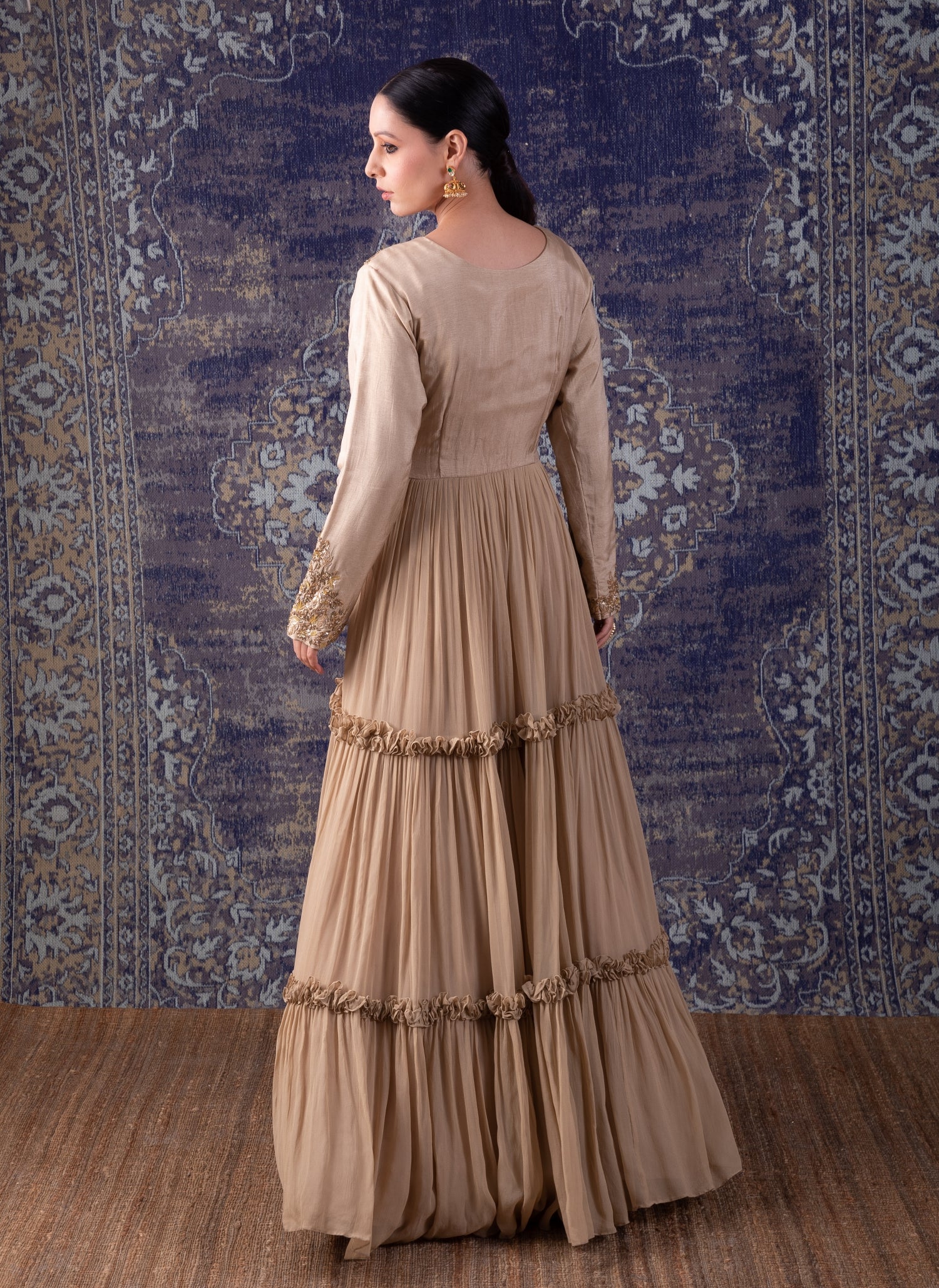 Beige Tiered Anarkali With Dupatta.