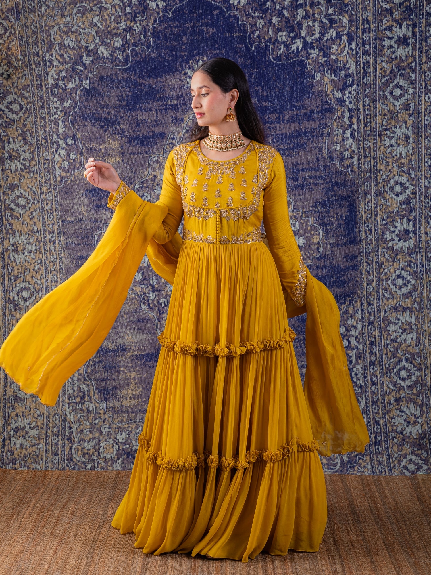 Mustard Yellow Tiered Anarkali With Dupatta.