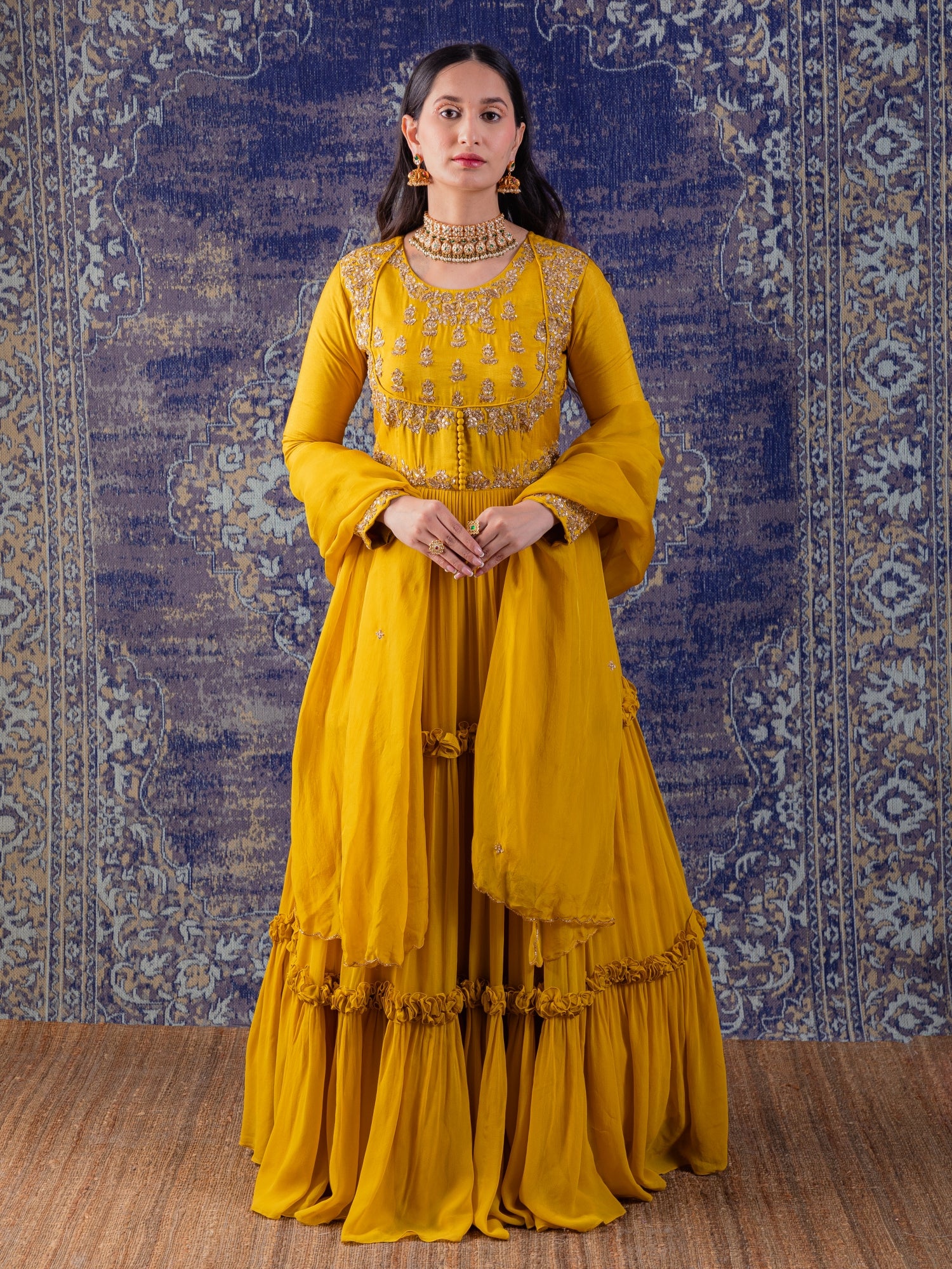 Mustard Yellow Tiered Anarkali With Dupatta.