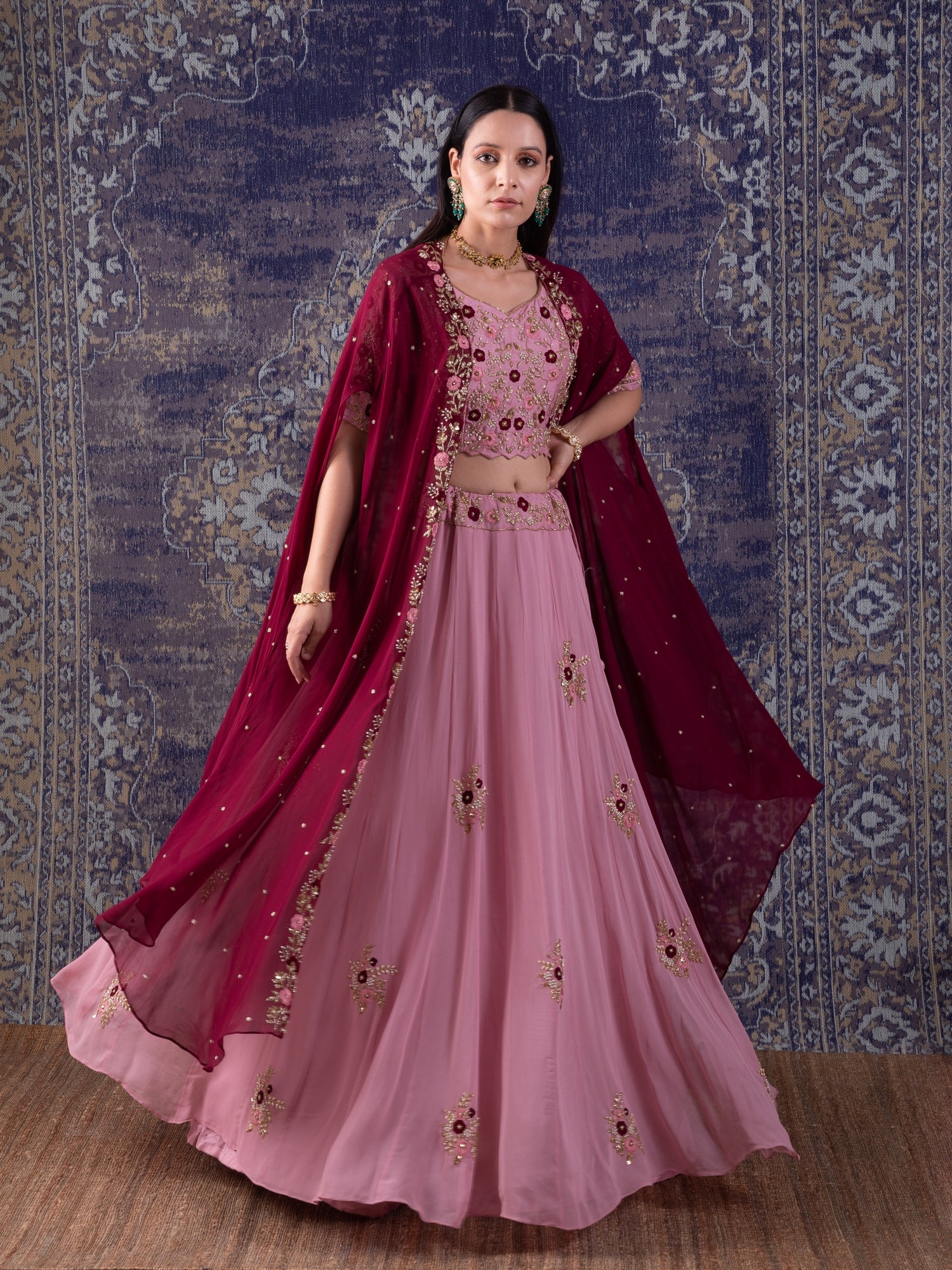 Onion Pink Lehenga With Embroidered Blouse And Cape.