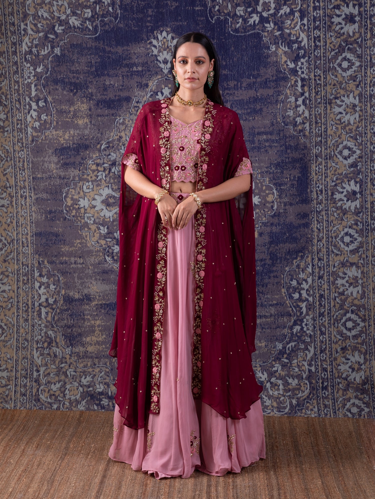 Onion Pink Lehenga With Embroidered Blouse And Cape.