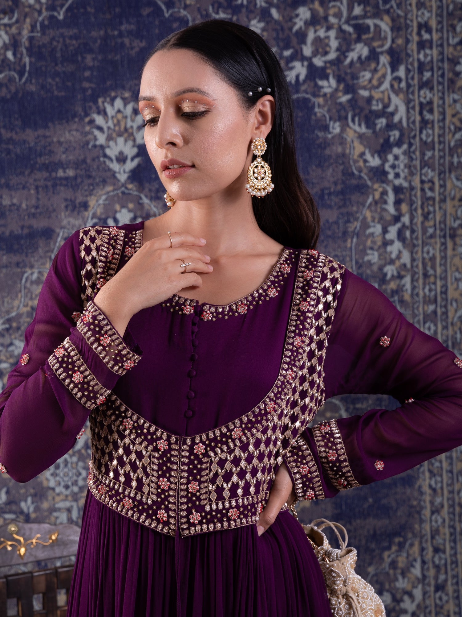 Purple Tiered Anarkali With Attached Jacket And Heavy Tassles