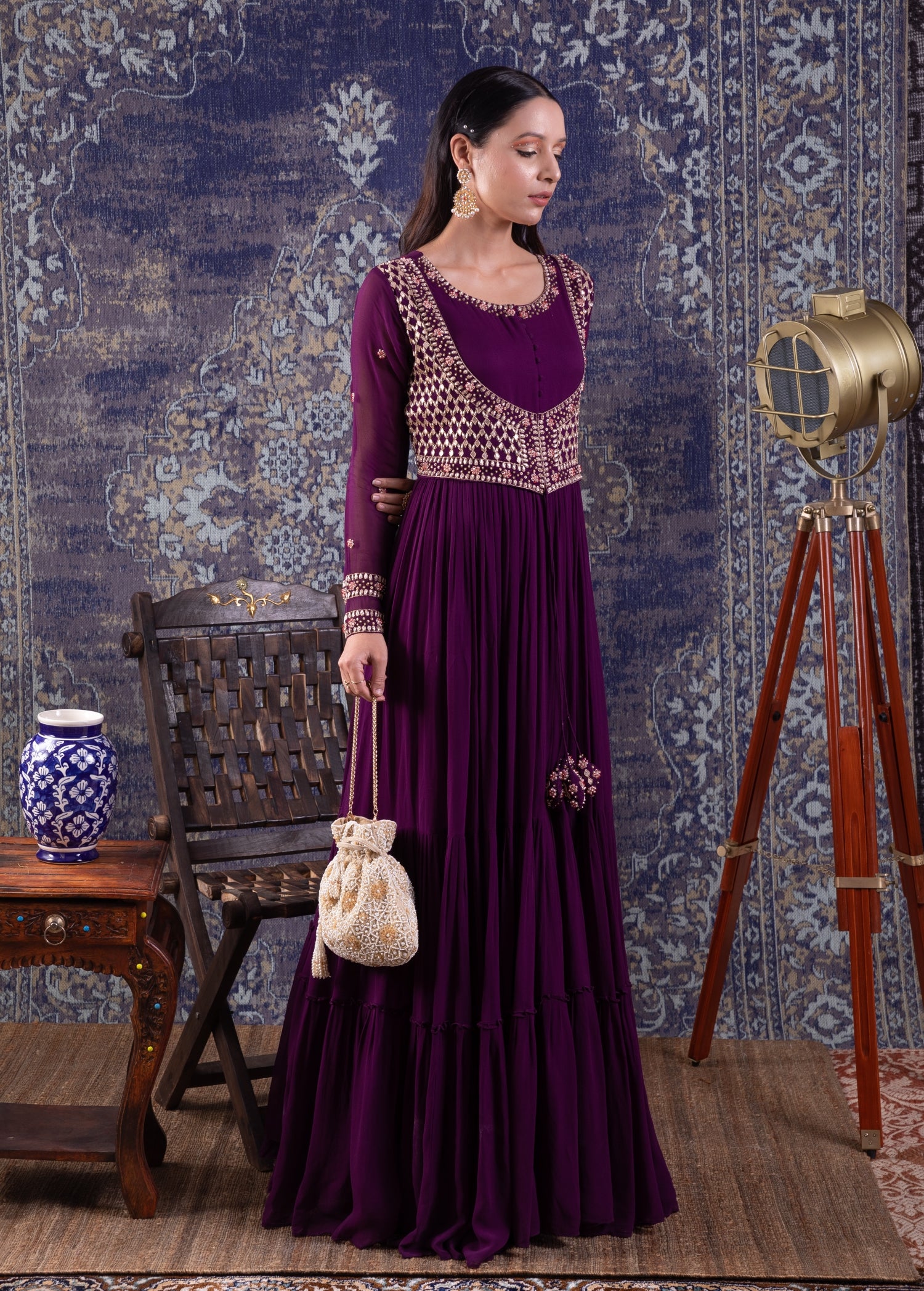 Purple Tiered Anarkali With Attached Jacket And Heavy Tassles