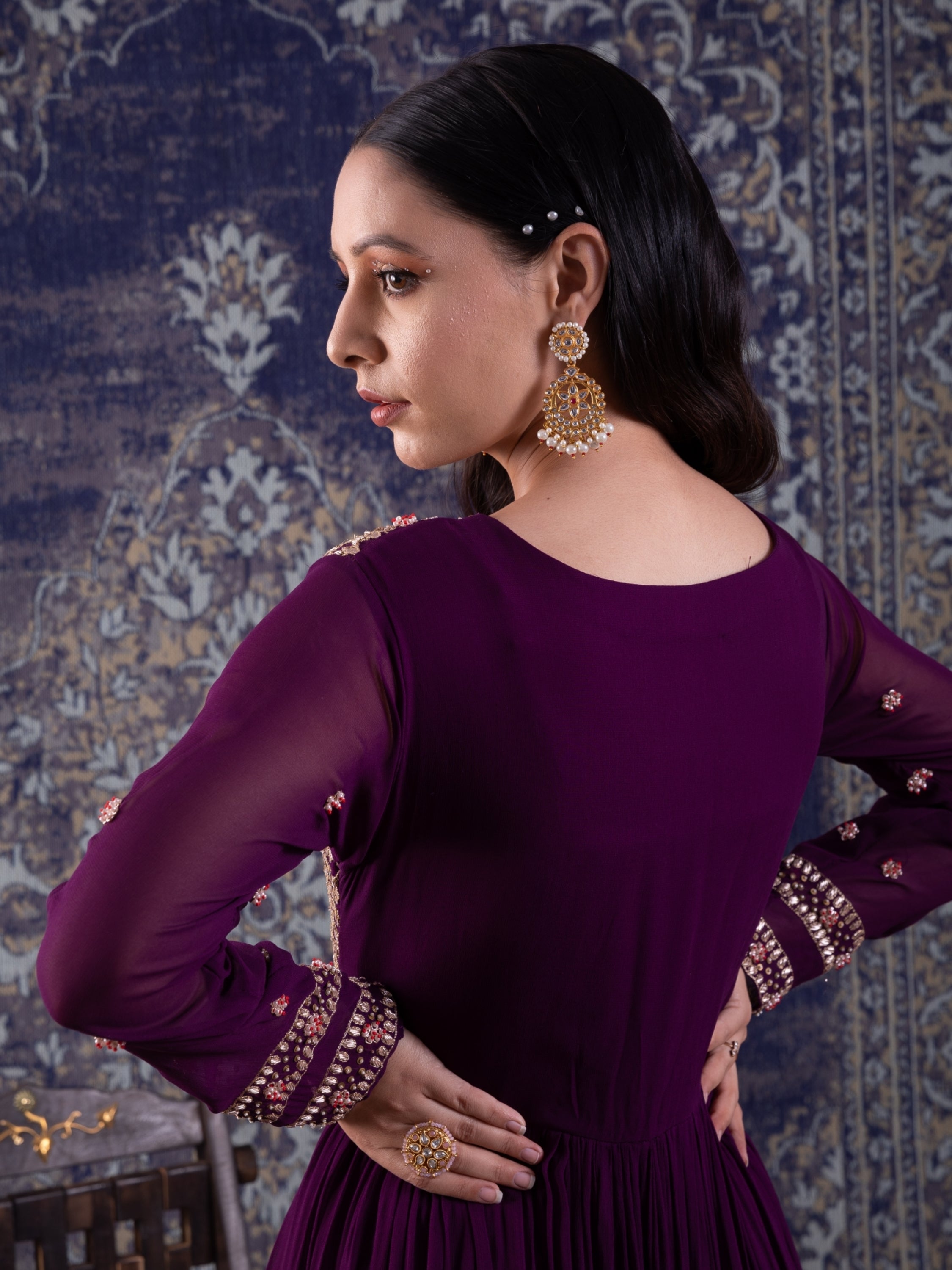 Purple Tiered Anarkali With Attached Jacket And Heavy Tassles