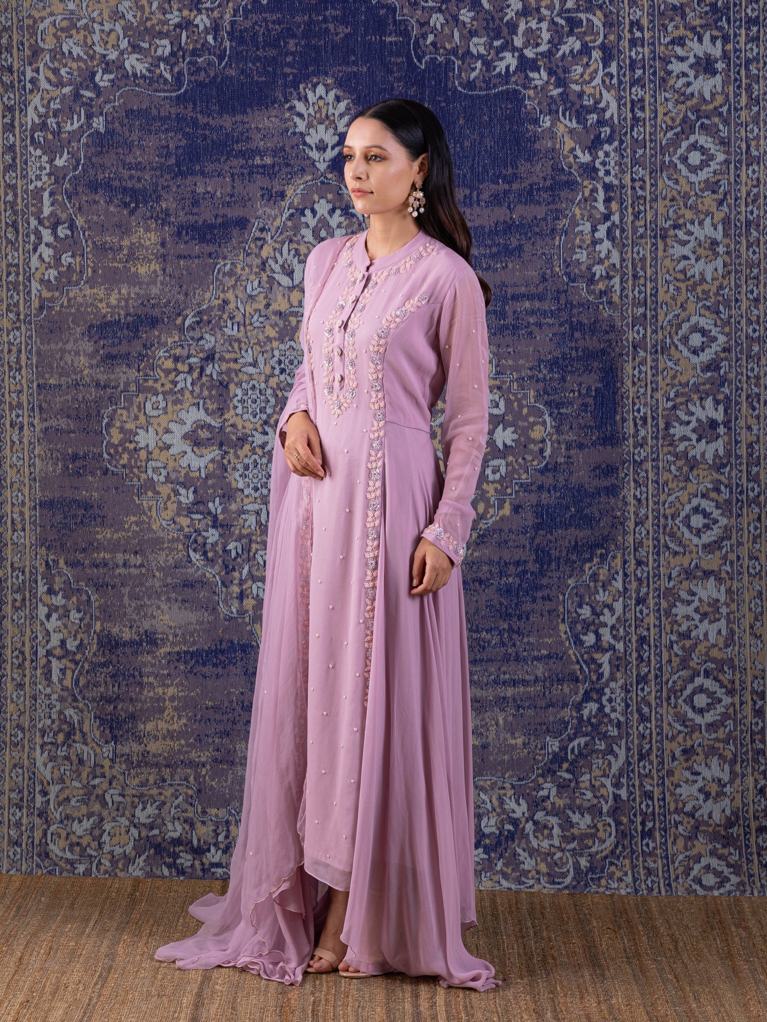 Lilac Asymmetrical Anarkali With With A Dupatta.