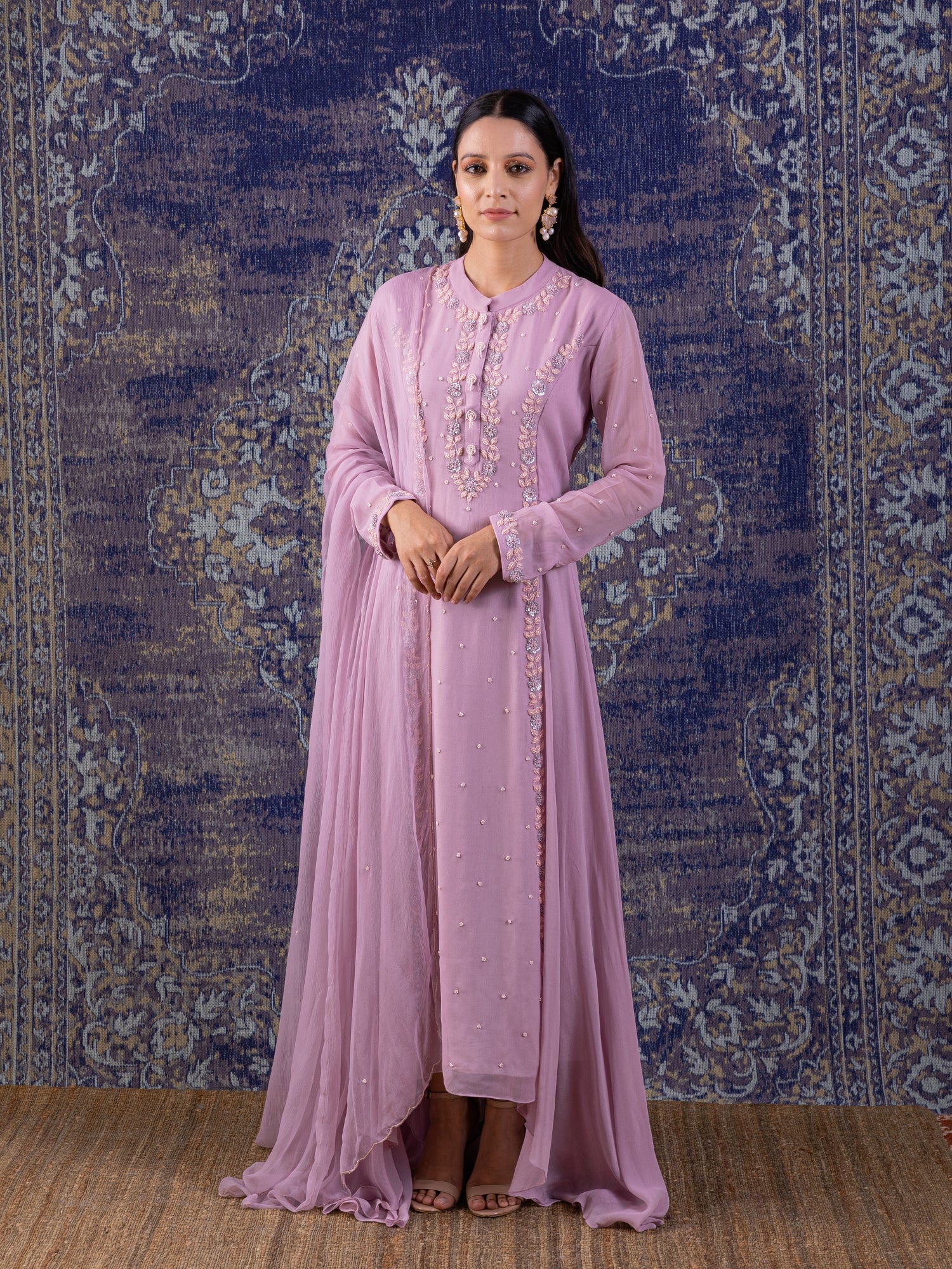 Lilac Asymmetrical Anarkali With With A Dupatta.