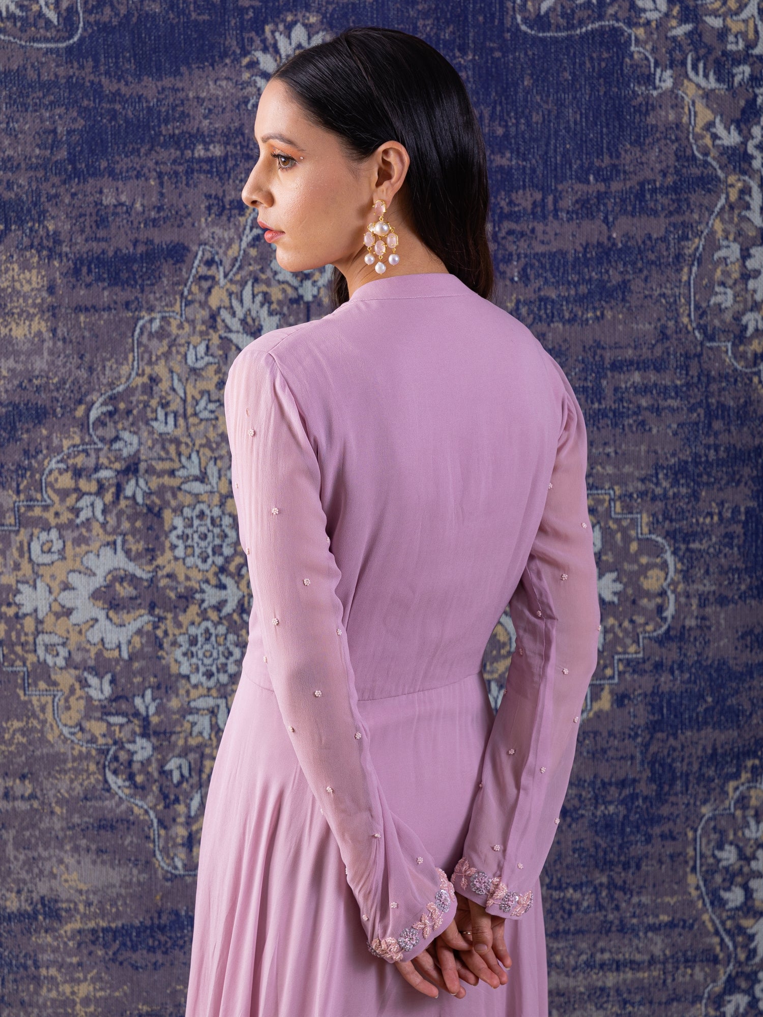 Lilac Asymmetrical Anarkali With With A Dupatta.