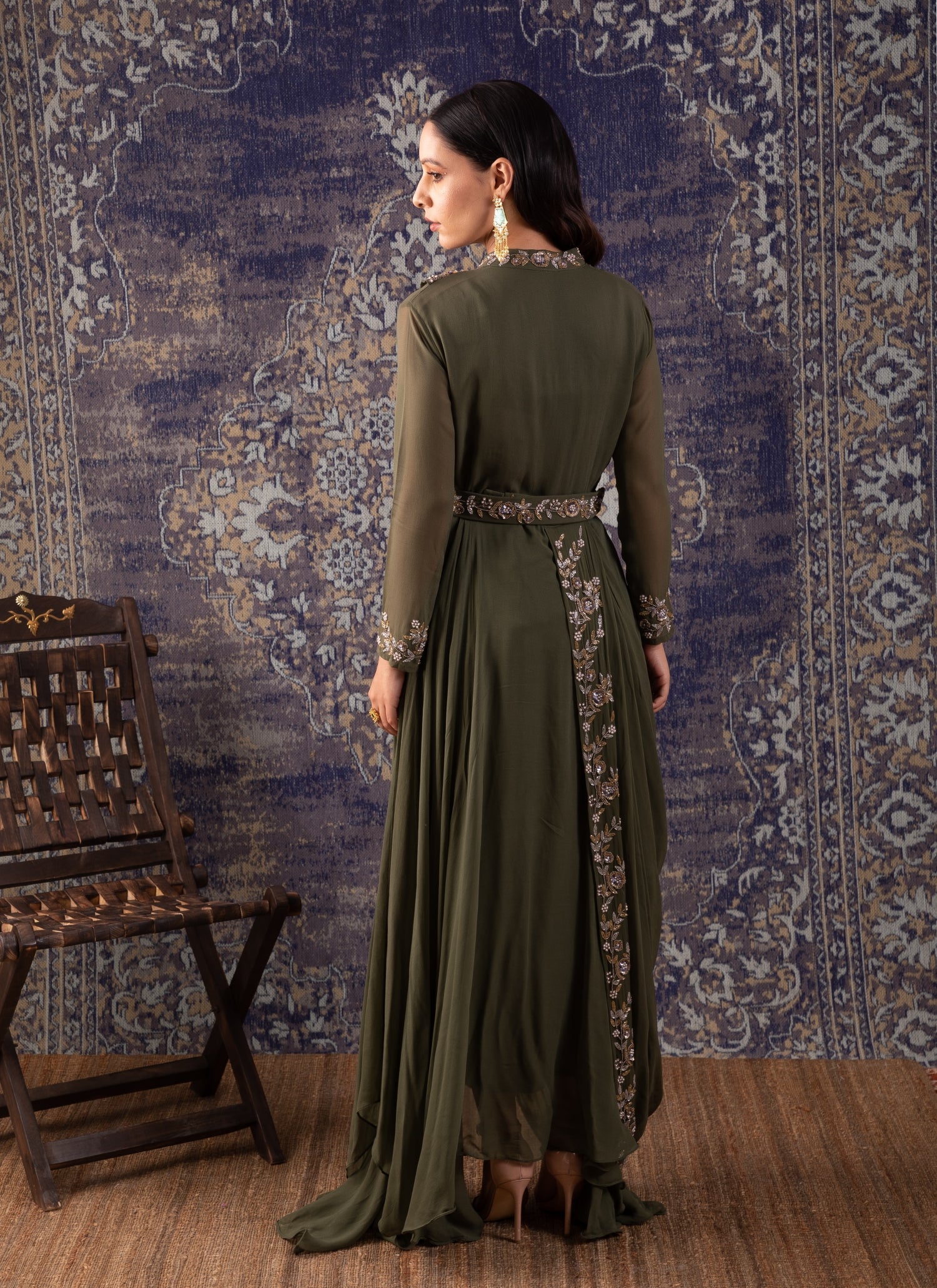 Mehendi Green Draped Pleated Gown Comes With A Same Waist Belt