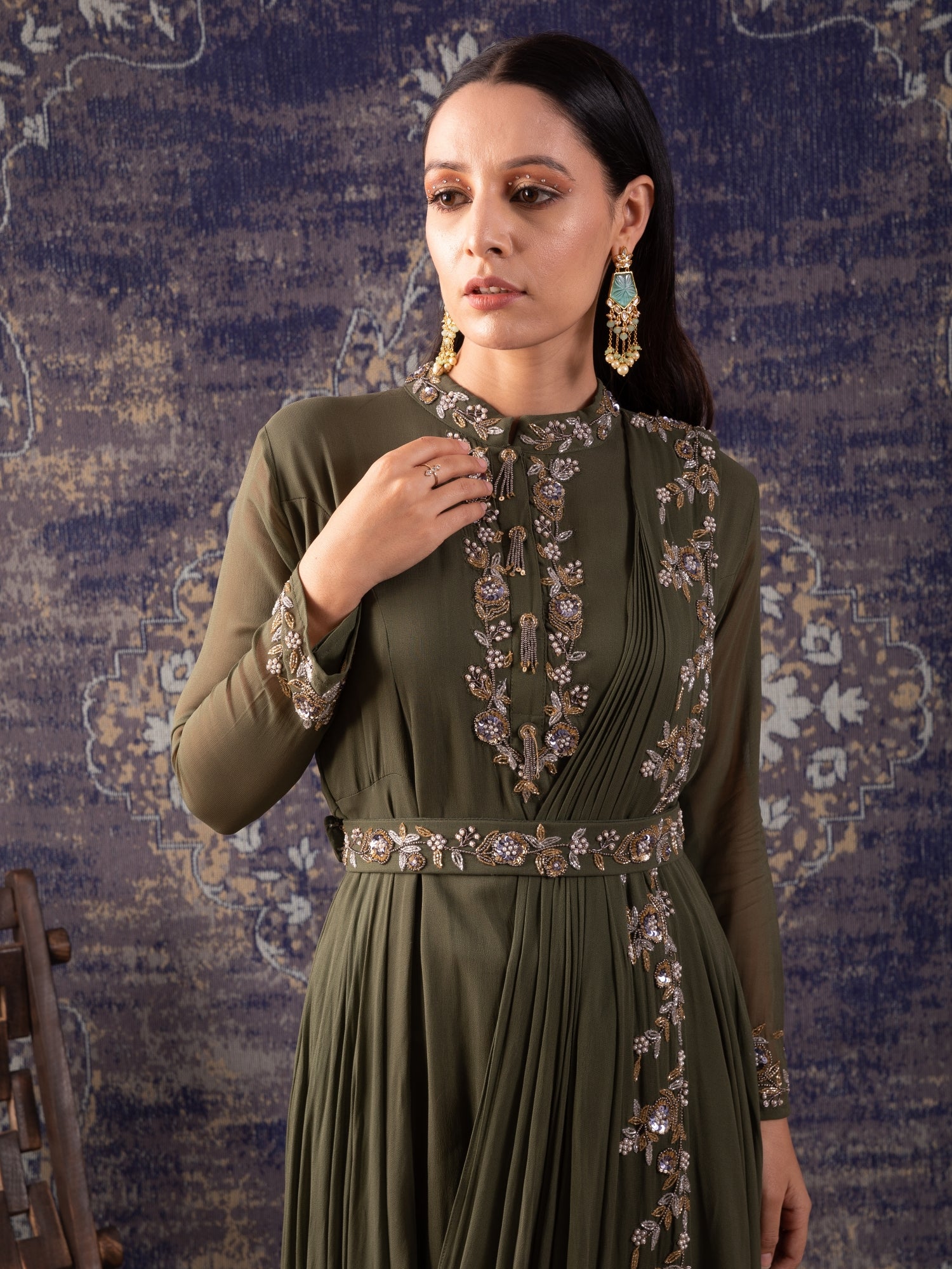 Mehendi Green Draped Pleated Gown Comes With A Same Waist Belt