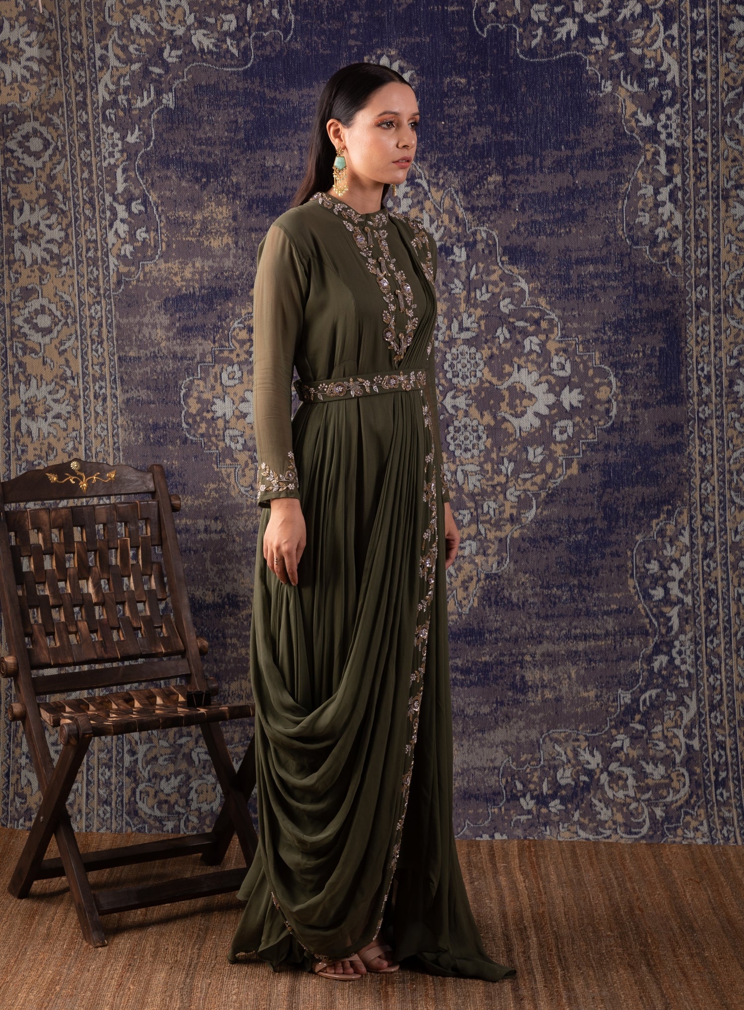 Mehendi Green Draped Pleated Gown Comes With A Same Waist Belt