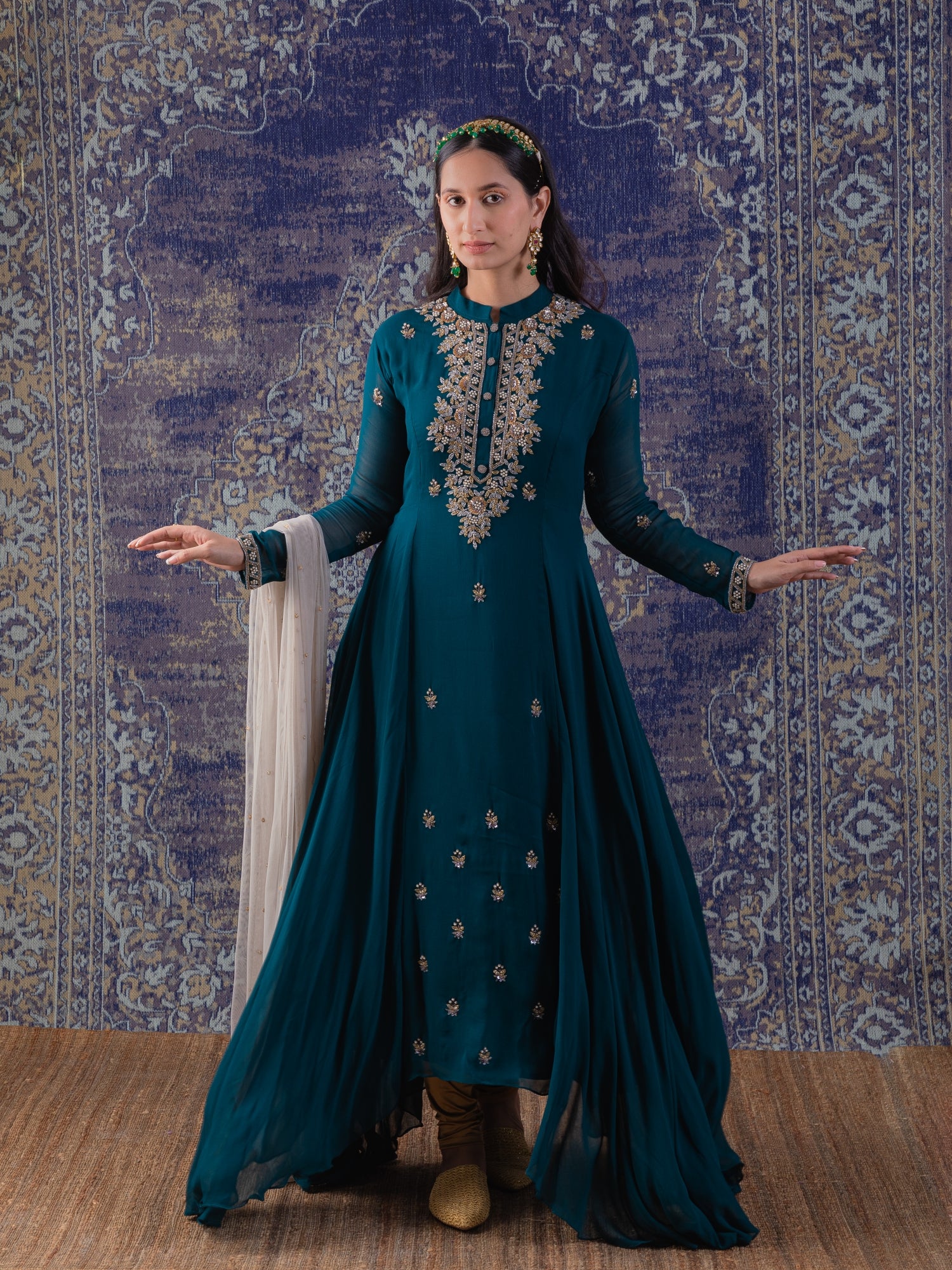 Rama Green Asymmetrical Anarkali With A Dupatta.