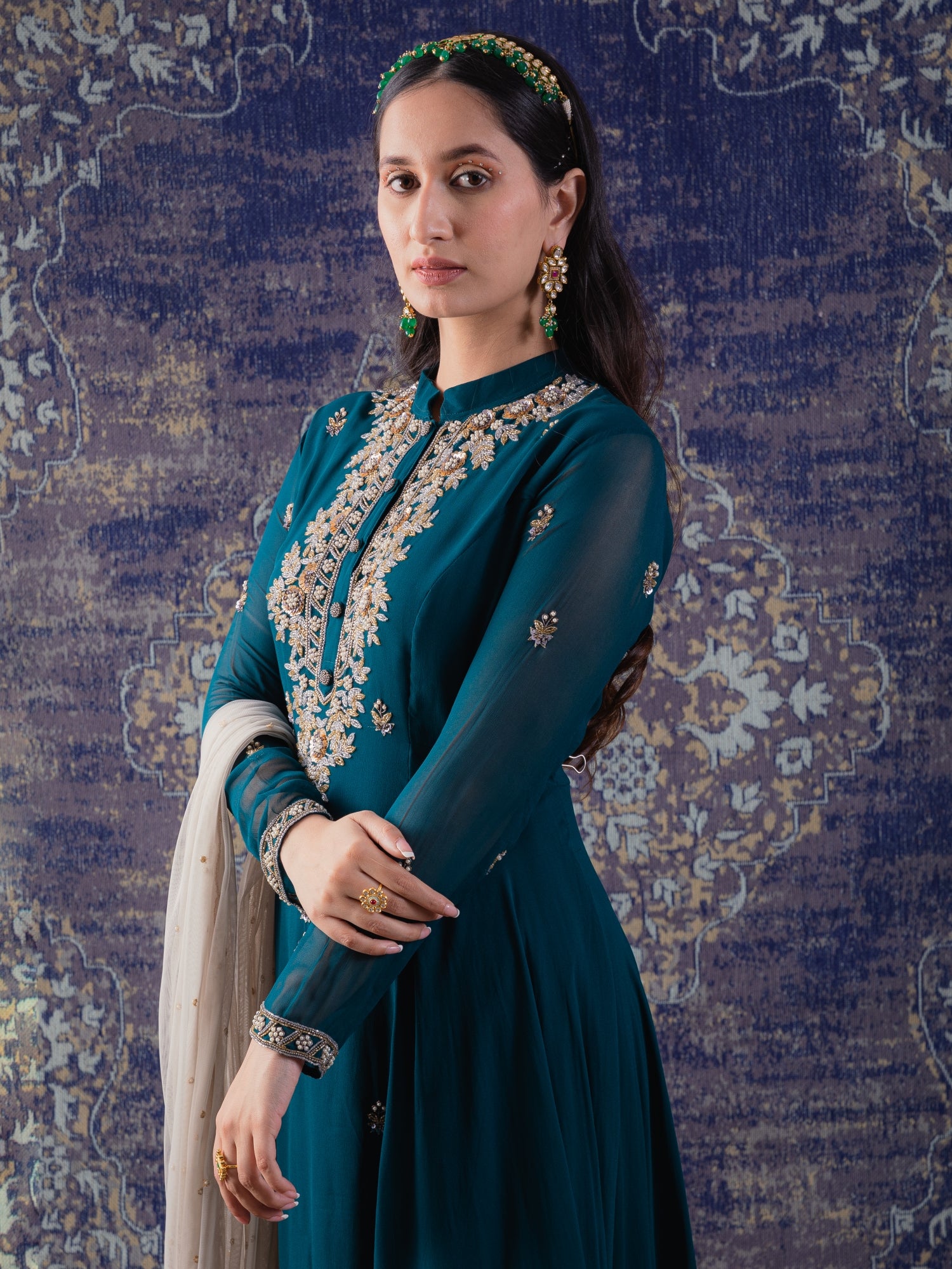 Rama Green Asymmetrical Anarkali With A Dupatta.