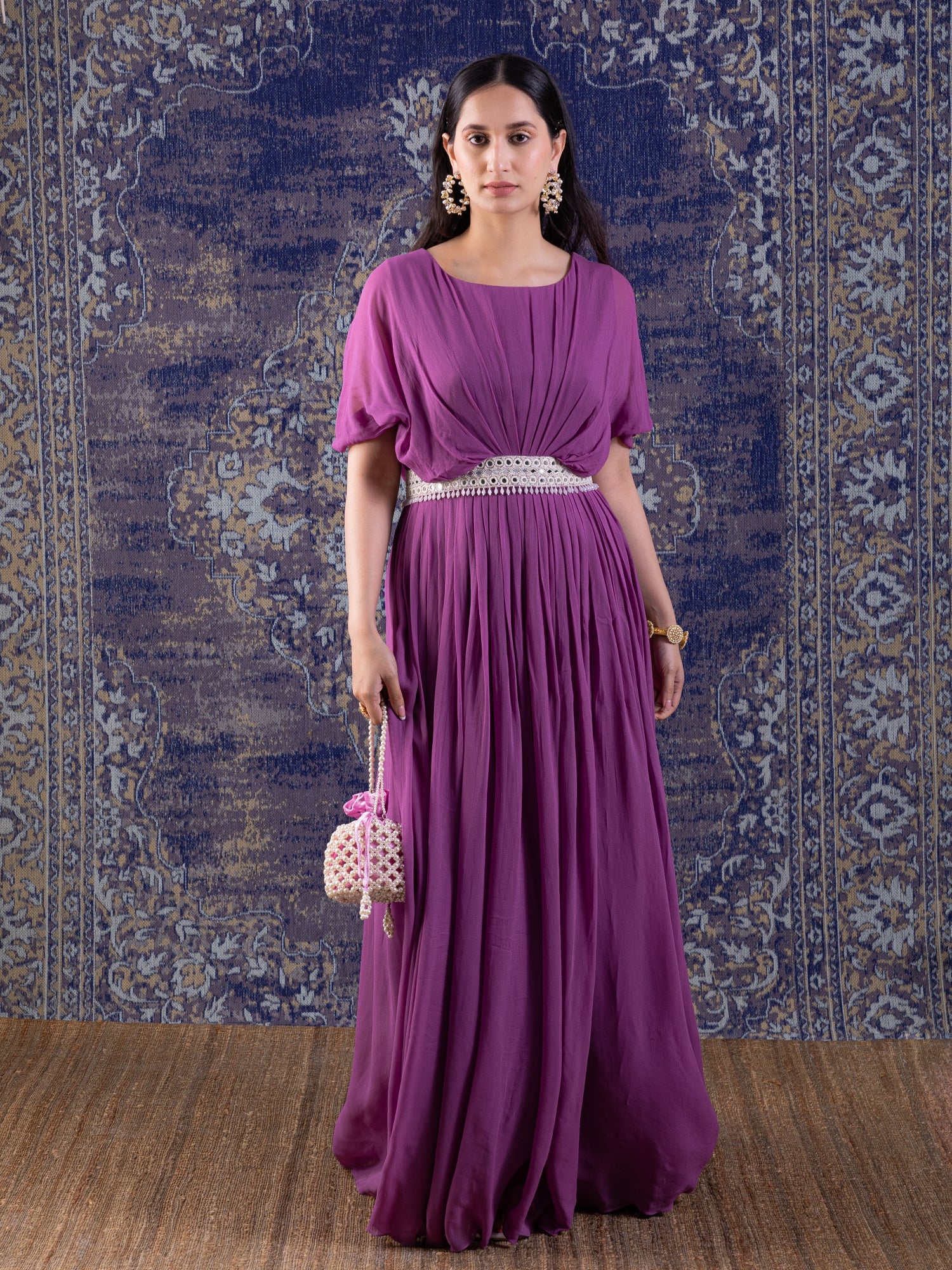 Purple Gown With Hand Embroidery On The Waist.