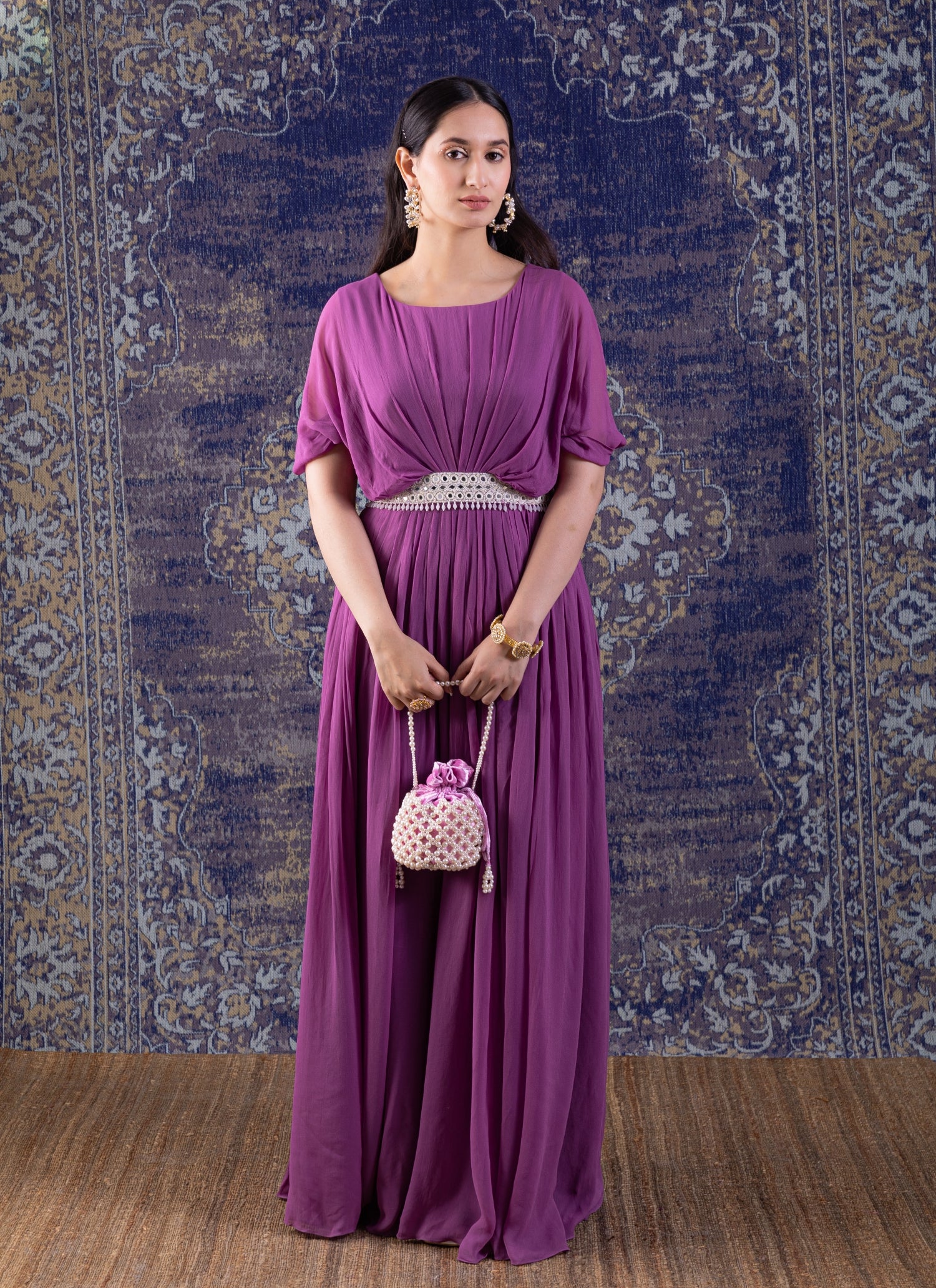 Purple Gown With Hand Embroidery On The Waist.