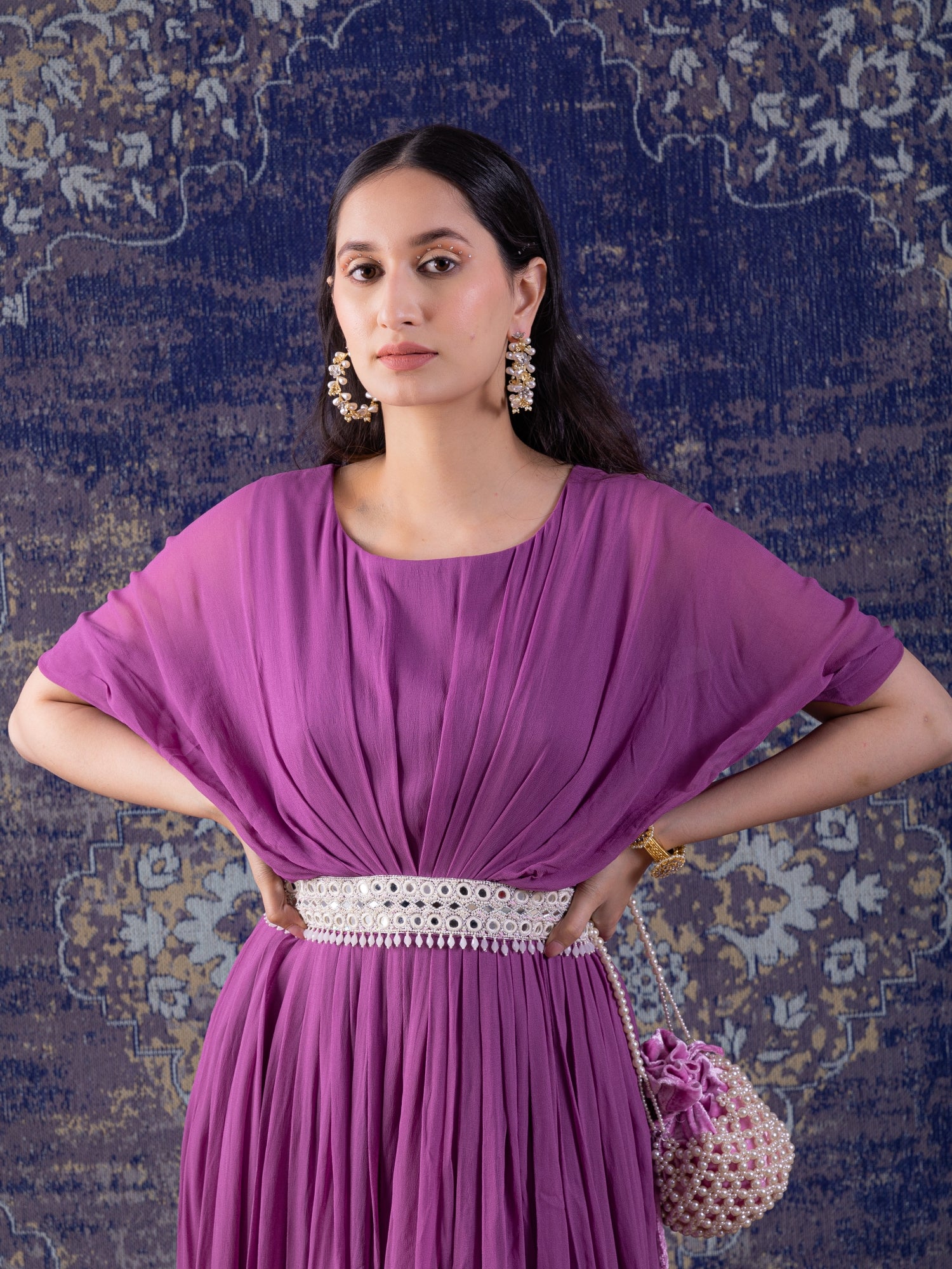 Purple Gown With Hand Embroidery On The Waist.