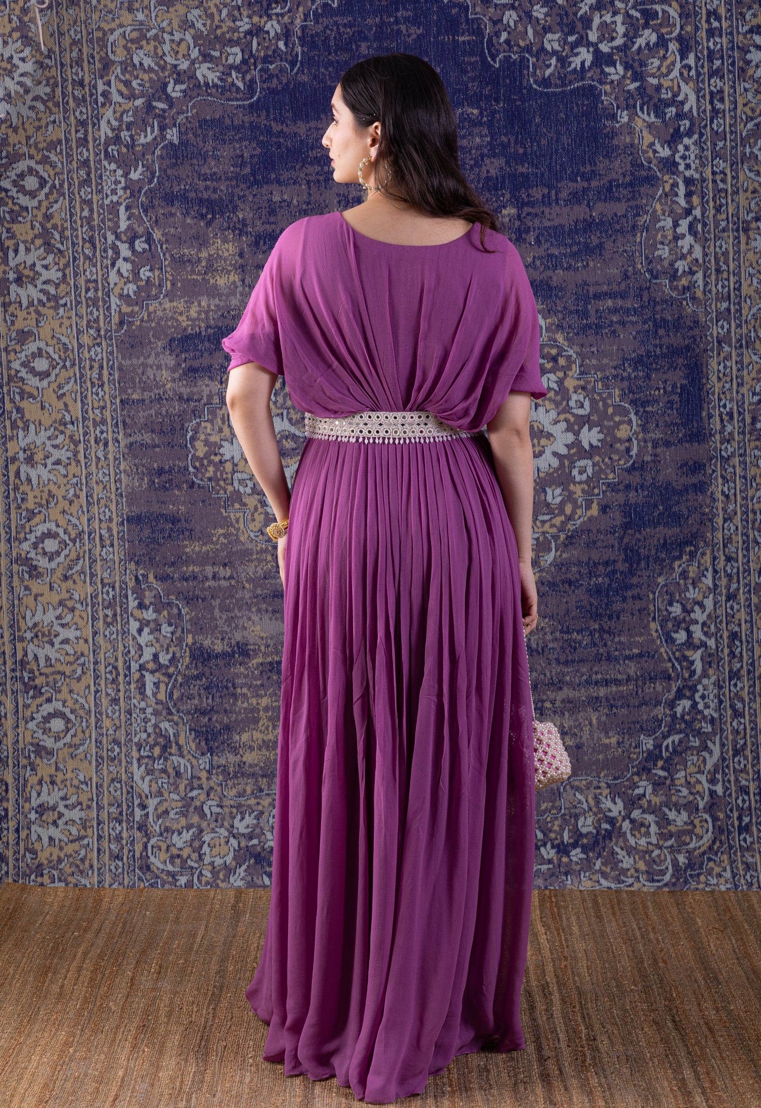 Purple Gown With Hand Embroidery On The Waist.