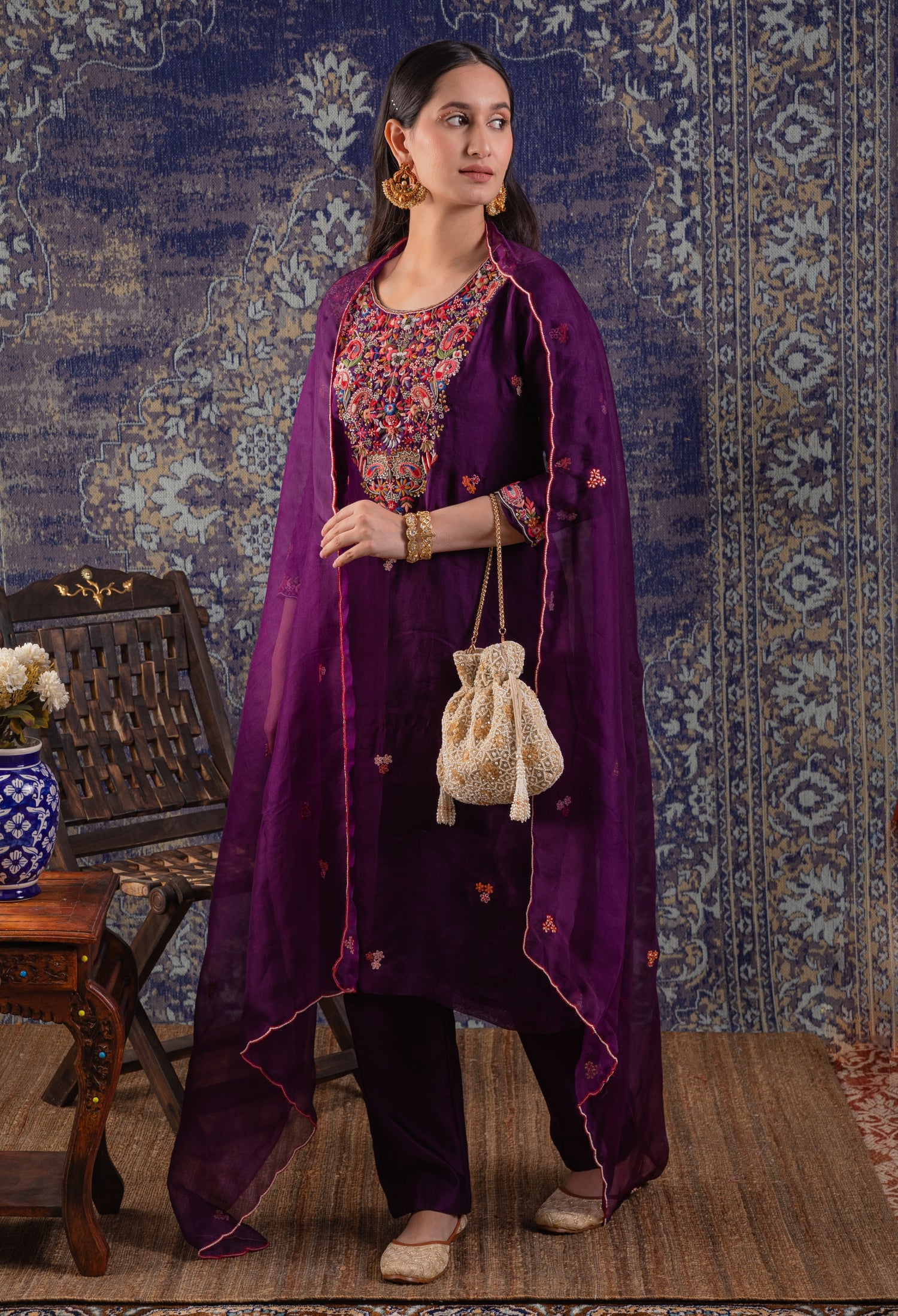 Purple Straight Suit Detailed Resham With A Pants And Dupatta.