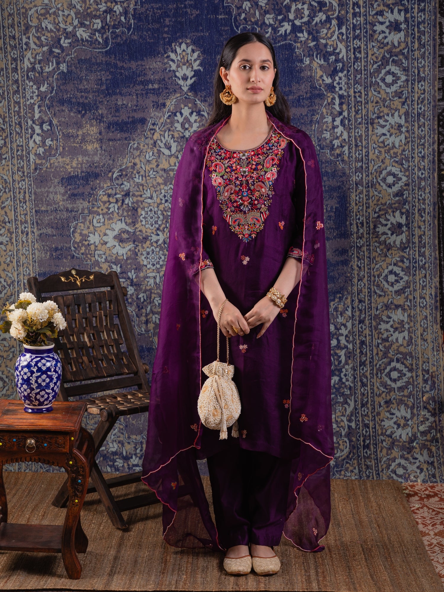 Purple Straight Suit Detailed Resham With A Pants And Dupatta.