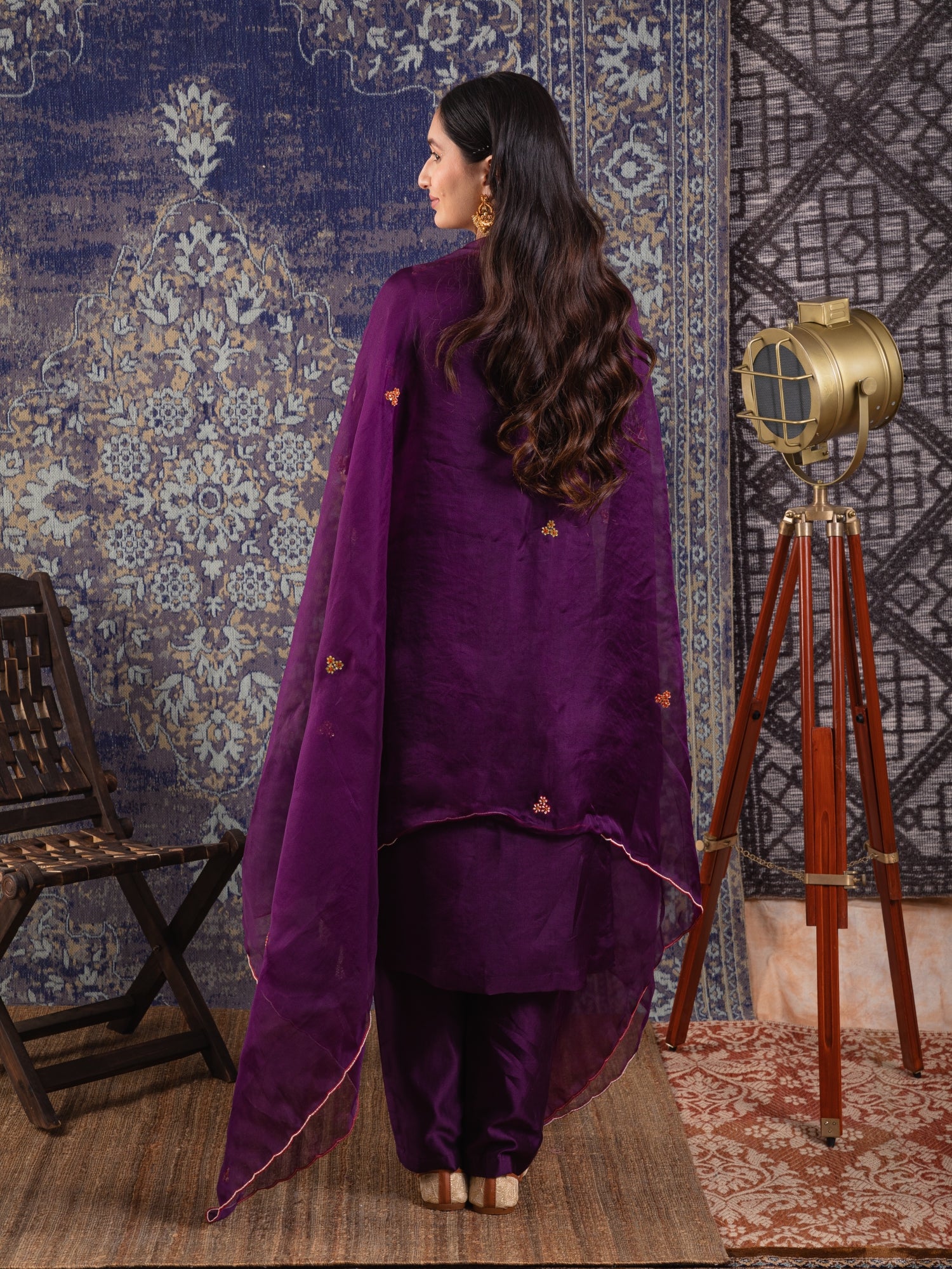 Purple Straight Suit Detailed Resham With A Pants And Dupatta.