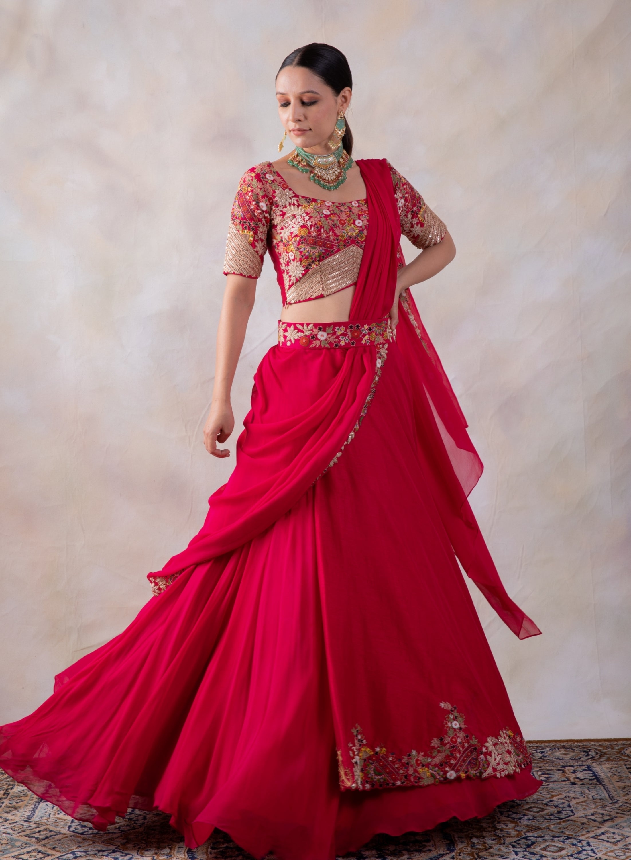 Red Layered Lehenga With Same Work On Blouse,Drape And Belt