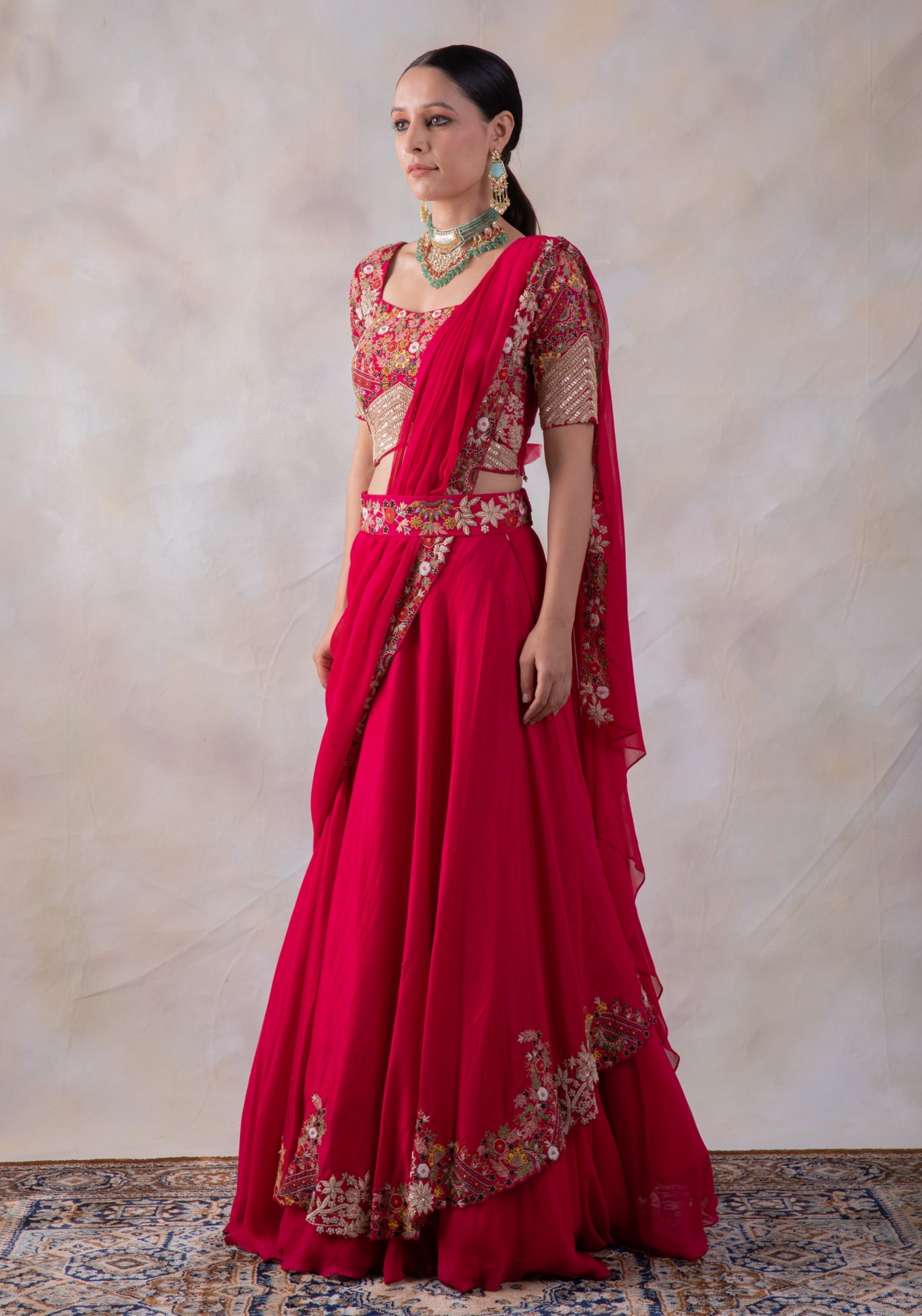 Red Layered Lehenga With Same Work On Blouse,Drape And Belt