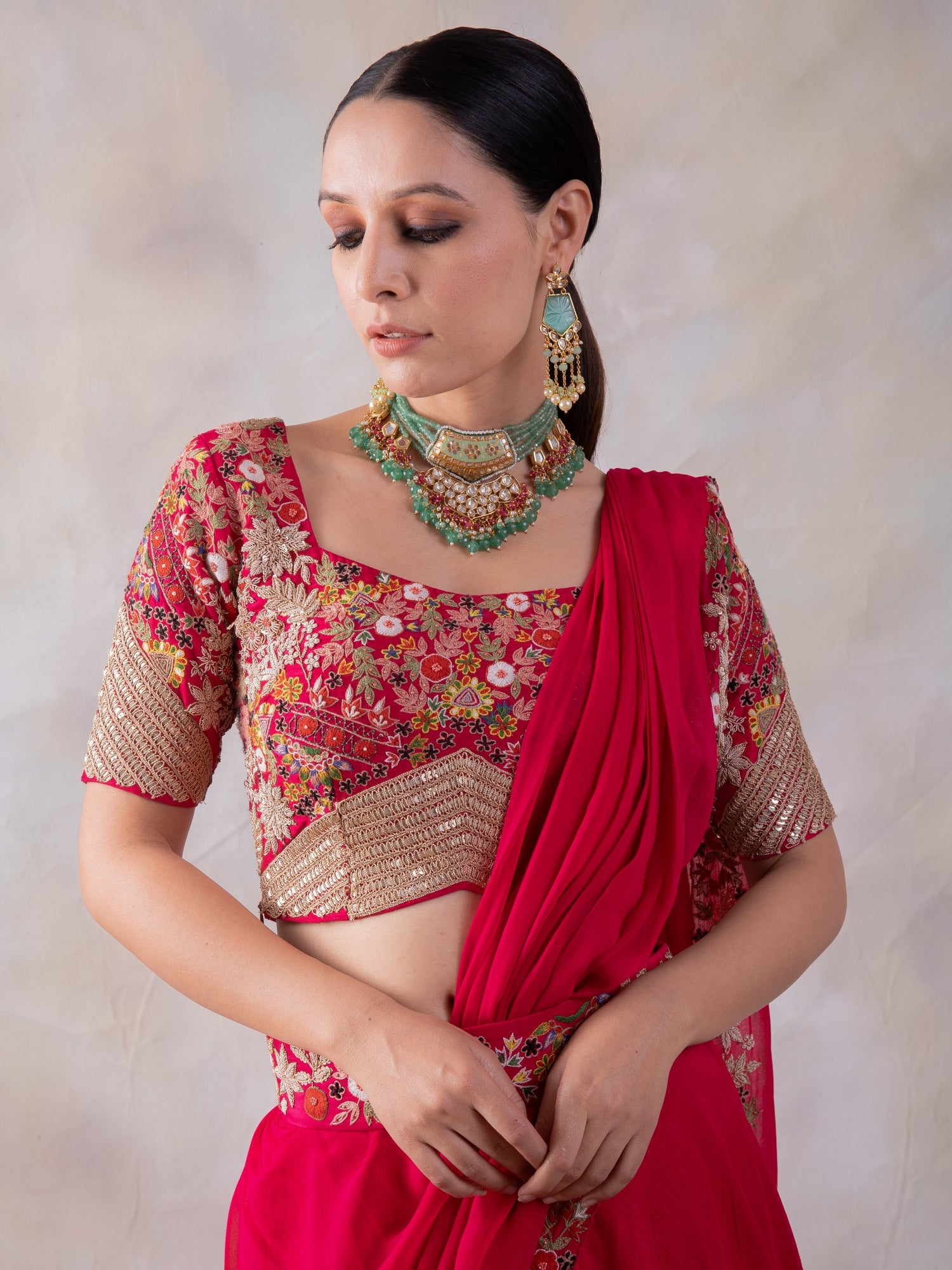 Red Layered Lehenga With Same Work On Blouse,Drape And Belt