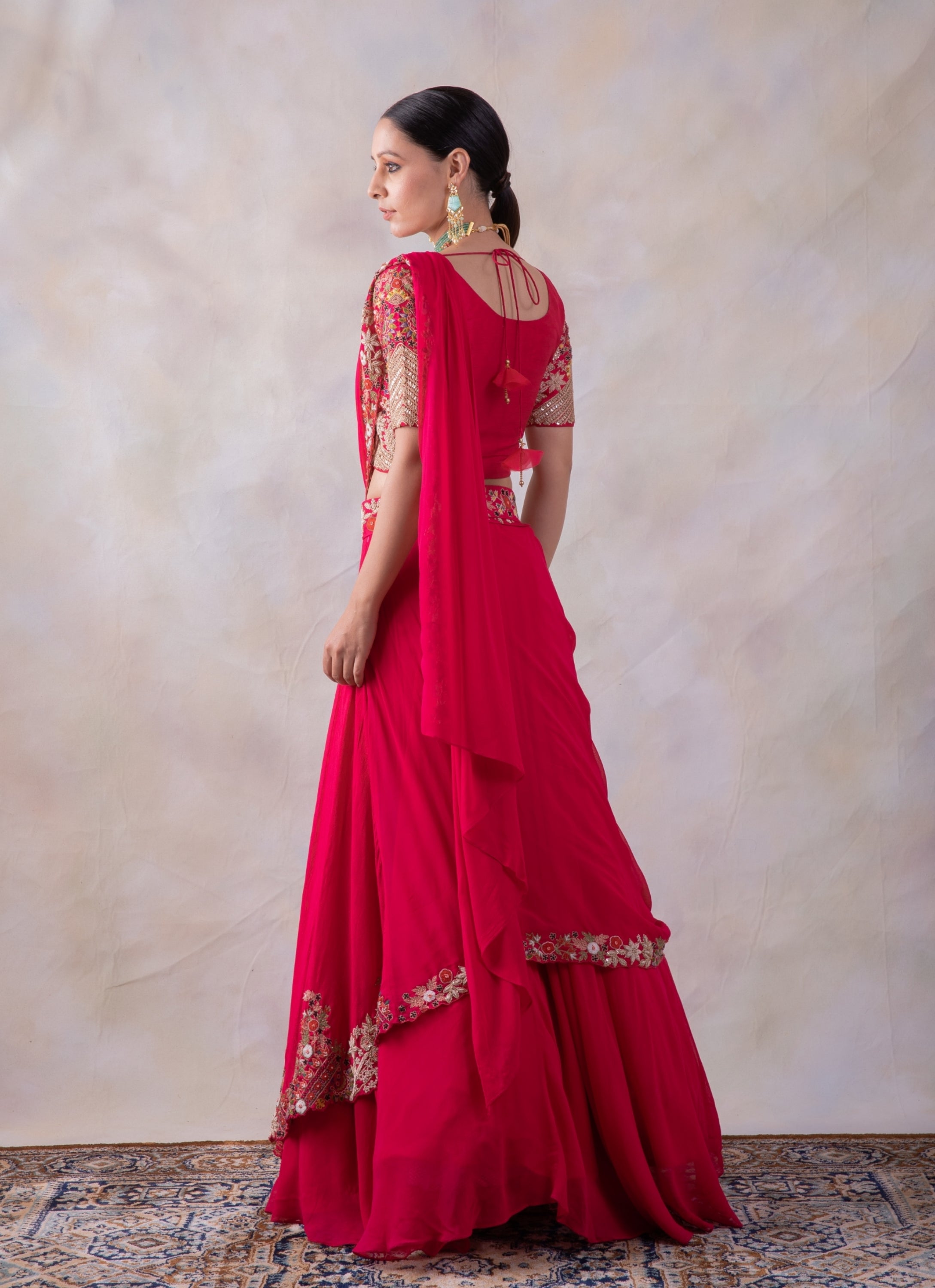 Red Layered Lehenga With Same Work On Blouse,Drape And Belt